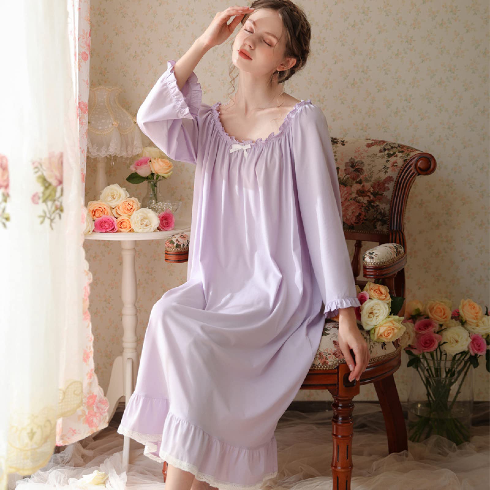 YAROVA Damen Nachthemden - Vintage Baumwolle Lose Nachtkleid Frauen Frühling Herbst Rüschen Langarm Nachtwäsche Elegante Nachtwäsche Nachthemd Bequeme Homewear