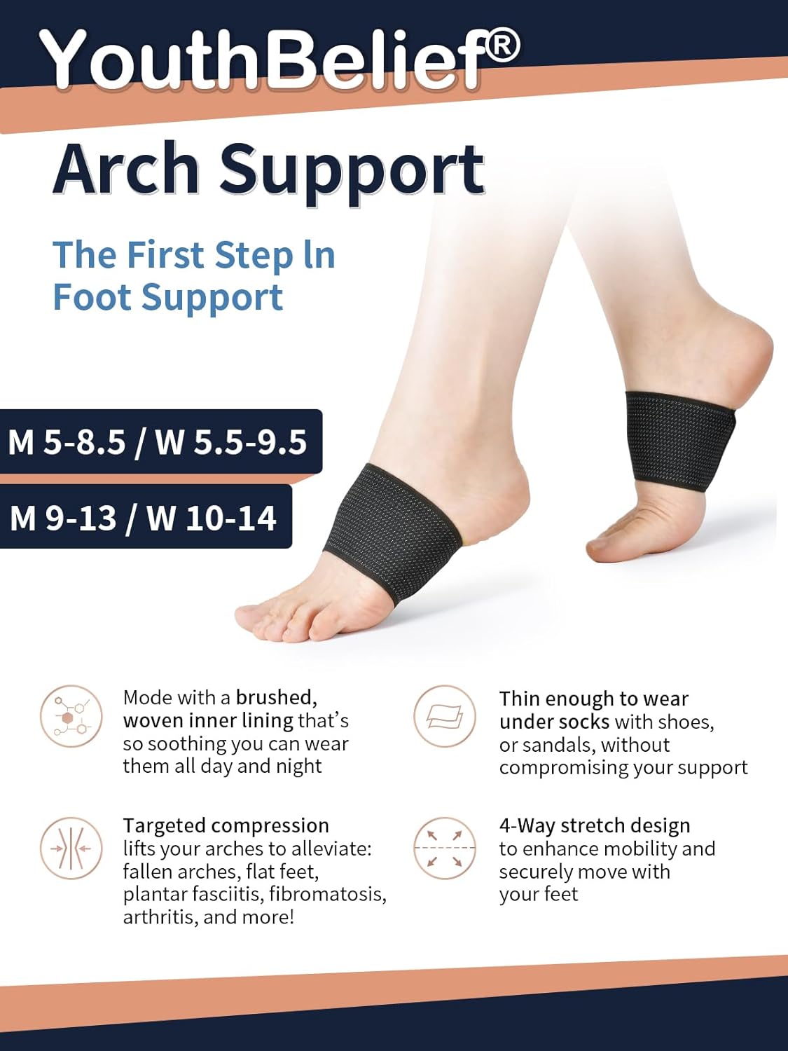 Copper Infused Compression Plantar Fasciitis Arch Support Sleeves for Flat Feet 【Updated Version】 Foot Pain Relief, Orthotic Braces Fallen Arches, Low/High Arch Pain Relief for Women & Men (2 pack, M 9-13 / W 10-14) - Image 6