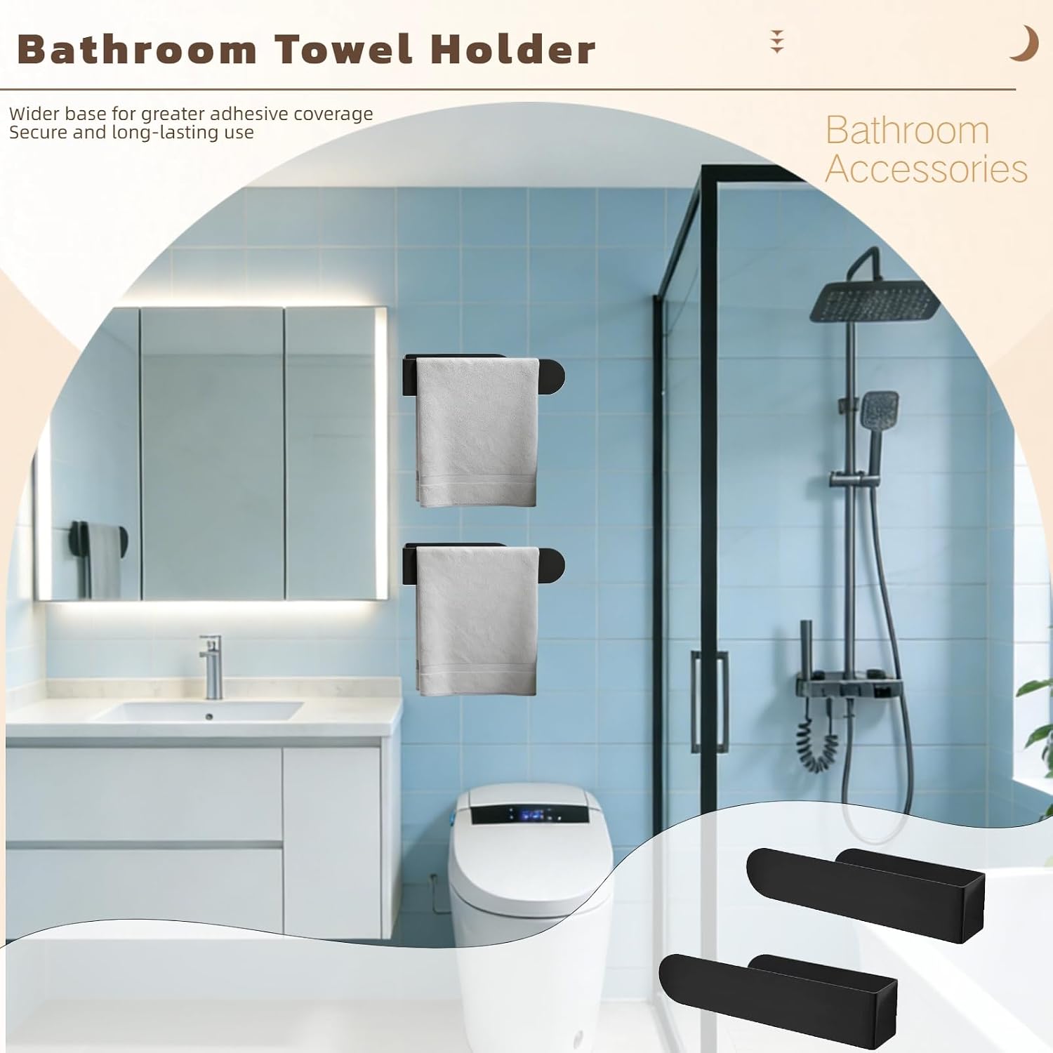2Pcs Hand Towel Holder, 8 Inch Bathroom Towel Rack, Self Adhesive Mounted, Black No Drill Square Hand Bar, Stick On for Kitchen Shower Wall Cabinet Bedroom