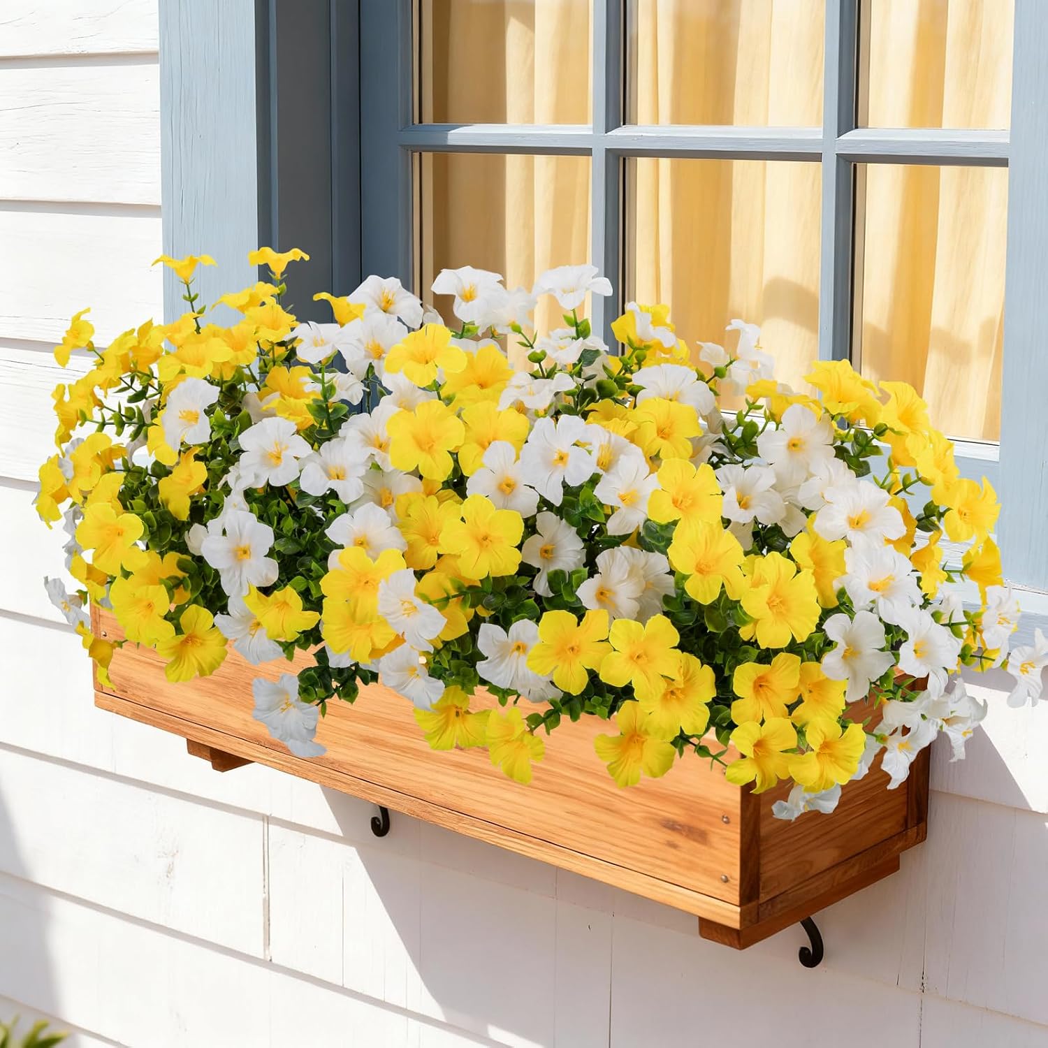 12 Bundles Artificial Flowers for Outdoors,UV Resistant Fake Silk Morning Glory Flowers Faux Plastic Plants for Planter Front Door Window Box Patio Yard Porch Indoor Home Decor (Yellow,White)