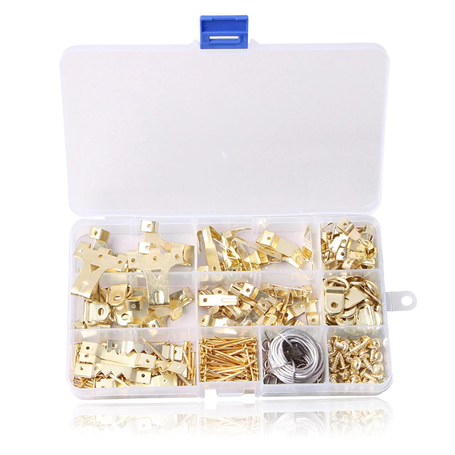 220 pcs Picture Hooks Picture Hanging Kit Heavy Duty Picture Hangers,with Picture Wire, Nails, Sawtooth, D Ring, Screw Eyes,for Mirrors, Picture Frames ,Decor & Paintings (Gold)