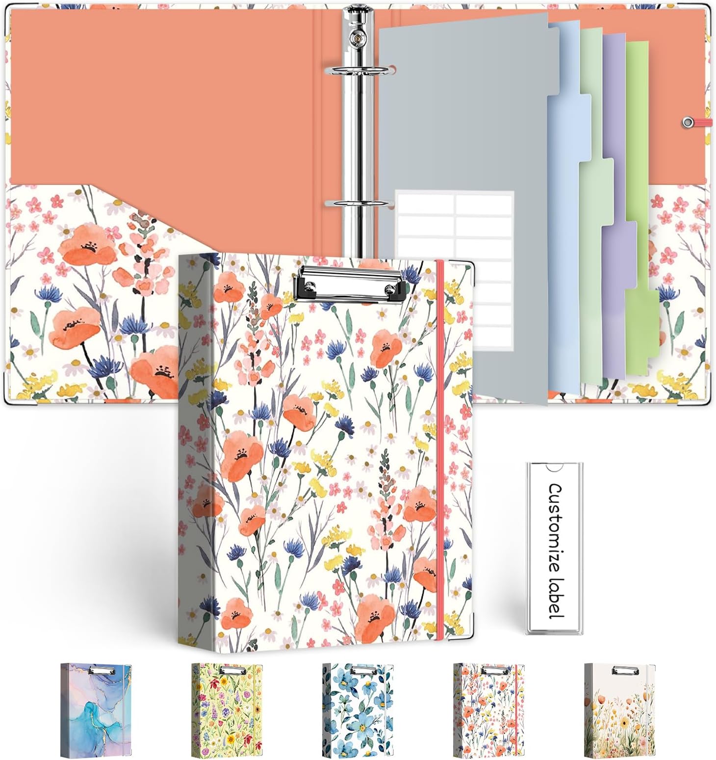 Mini Binder Organizer，1 Inch 3 Ring Binder with Clipboard, 5-Tabs Pockets Dividers, Plastic Folder, 18 Divider Stikers, Pen Loop (Flora, 5.5" x 8.5")