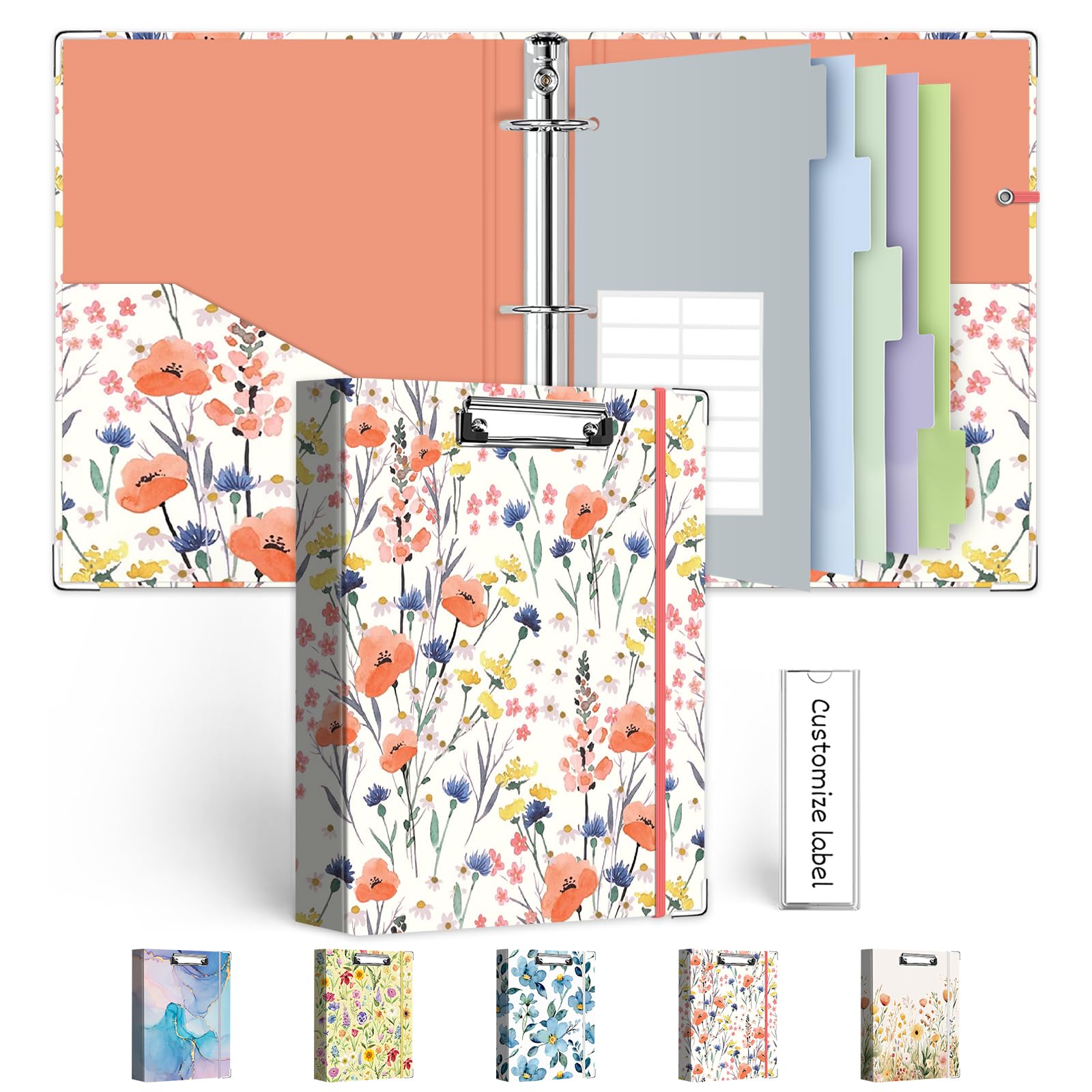Mini Binder Organizer，1 Inch 3 Ring Binder with Clipboard, 5-Tabs Pockets Dividers, Plastic Folder, 18 Divider Stikers, Pen Loop (Flora, 5.5" x 8.5")