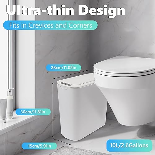 Miniatura 5 de Papelera, pequeño sensor de movimiento sin contacto, cubo de basura con tapa, 2.6 galones (blanco)