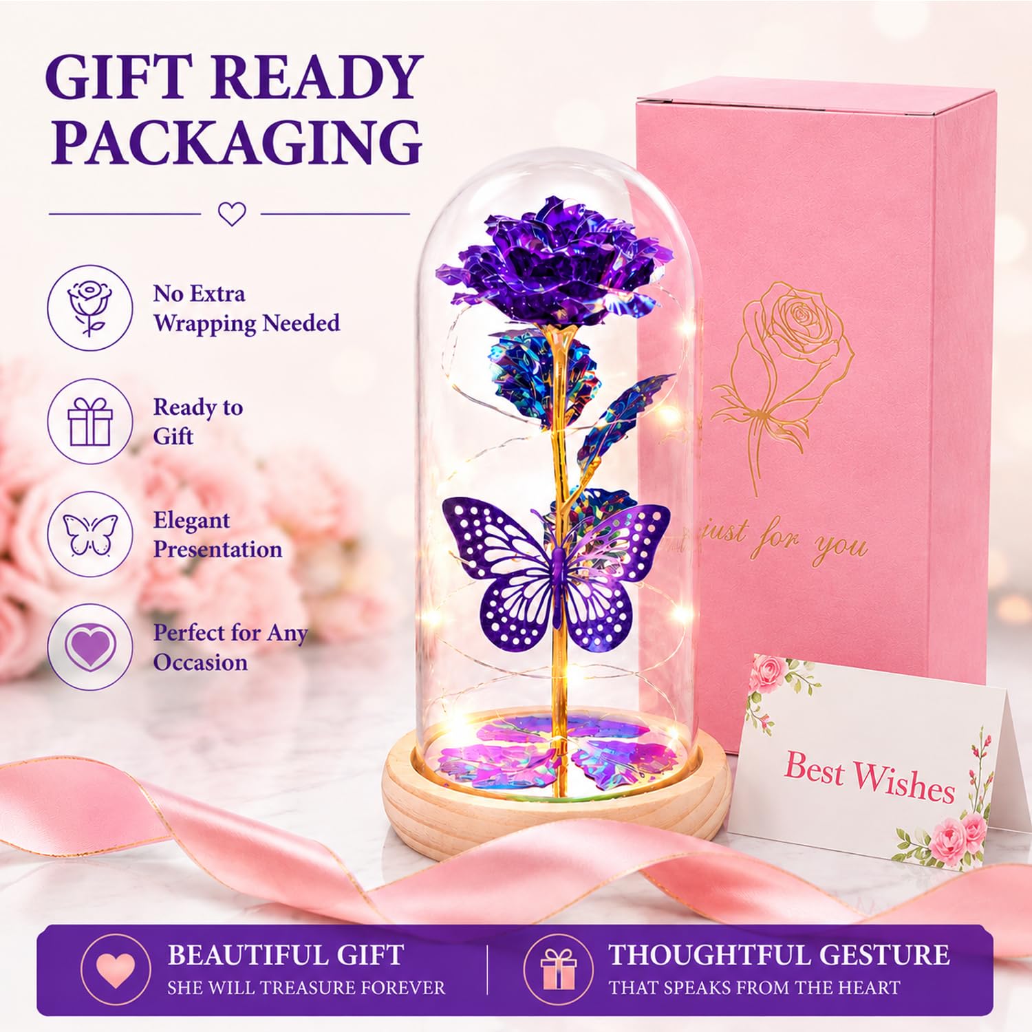 StowBin QUNPON - Flores para el día de la Madre, Regalos de Hija e Hijo, cumpleaños para Mujeres, mamá, Abuela, niñera, Rosa de la Bella y la Bestia en cúpula de Cristal, Artificial para Siempre