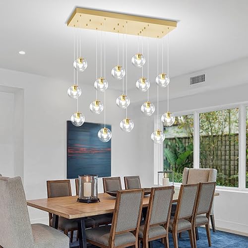 Miniatura 107 de Escalera LED de 10 luces LED moderna con globo de cristal, lámpara colgante grande para techos altos, accesorios de iluminación de entrada, villas y