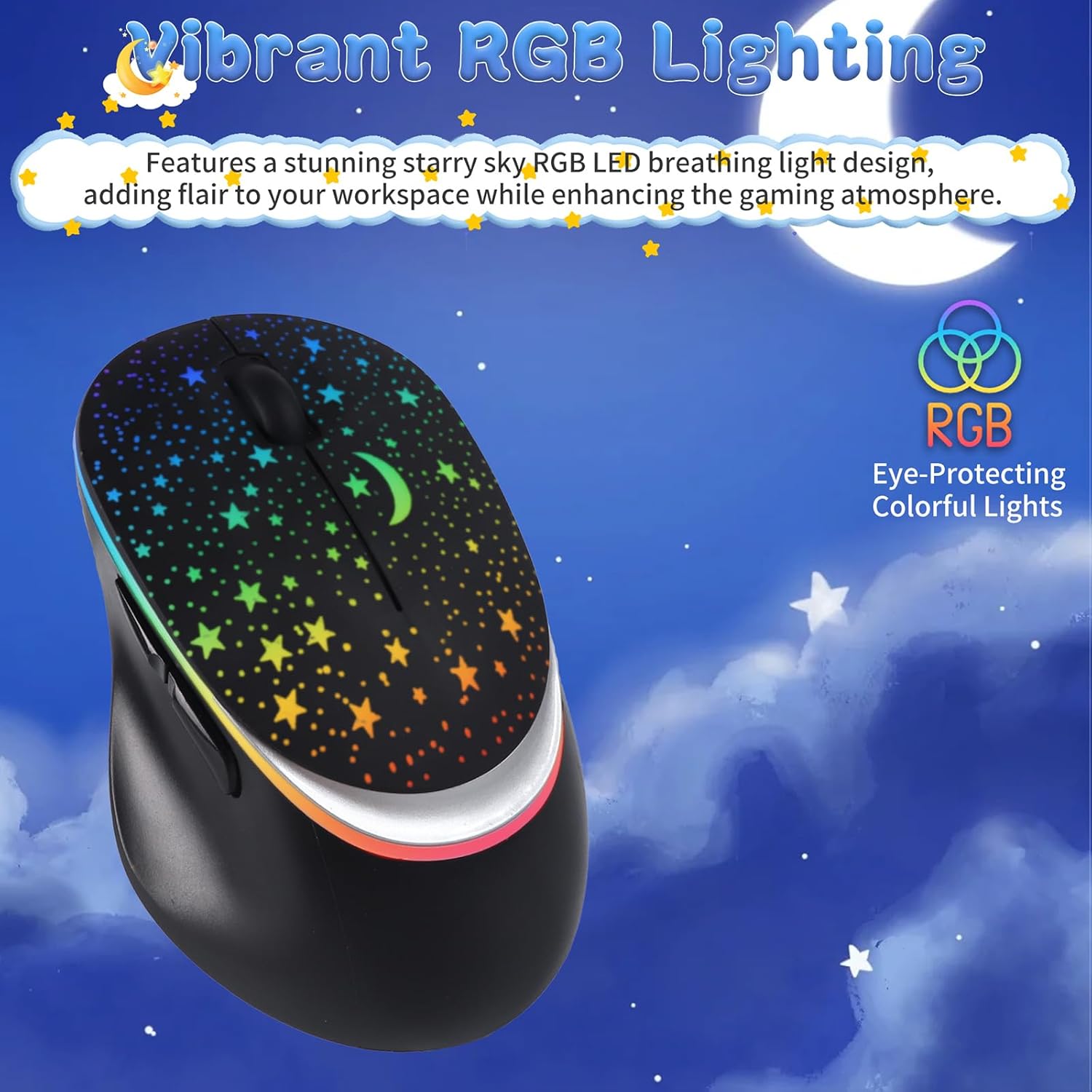 elec Space Bluetooth Wireless Mouse with Starry Sky RGB Backlight& Gradient Breathing Light - Ergonomic Dual Mode Rechargeable Mouse, Type-C Charging - Perfect for Office, Gaming & Travel (Balck)