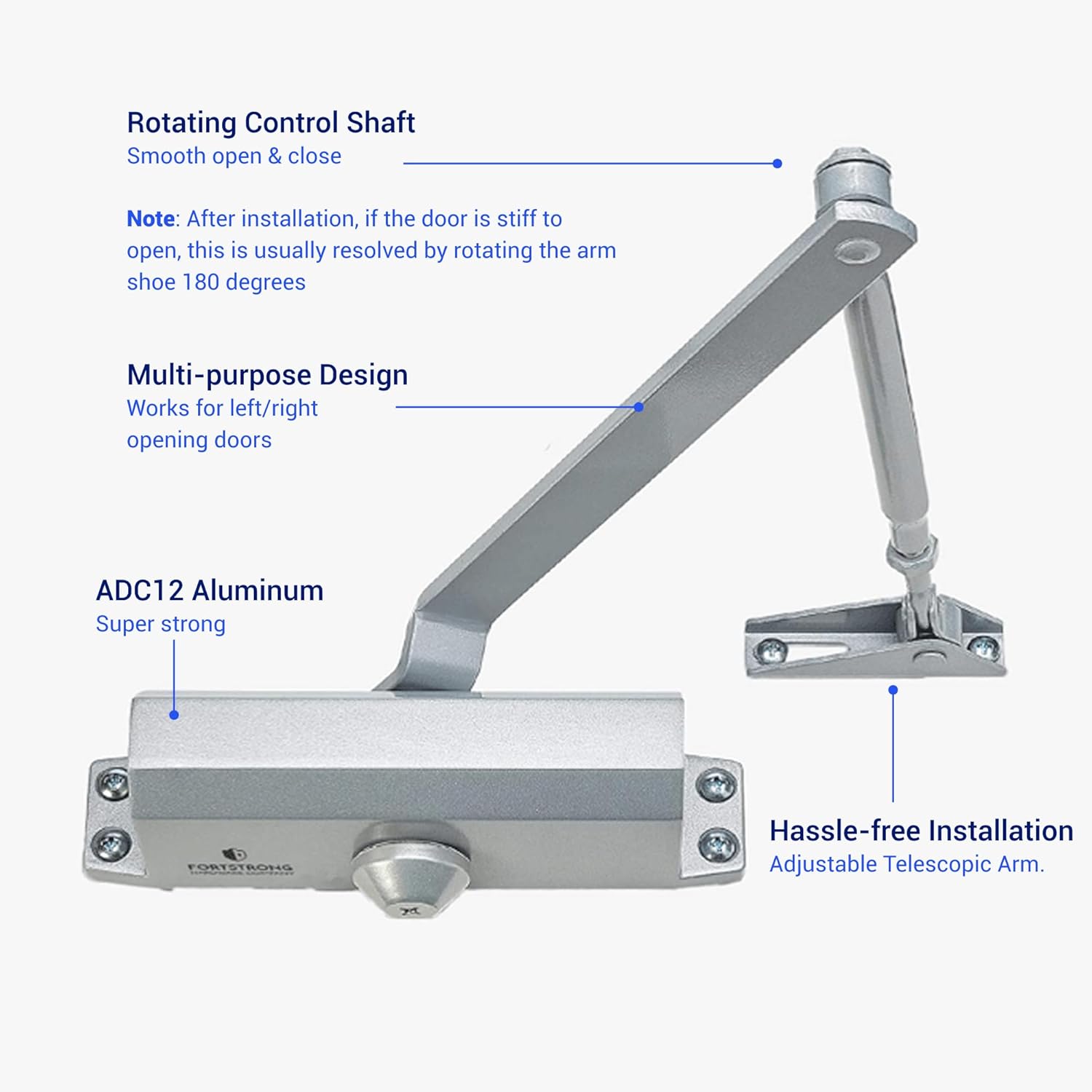 Close-up of the door closer showing the rotating control shaft, multi-purpose design, ADC12 aluminum construction, and adjustable telescopic arm.