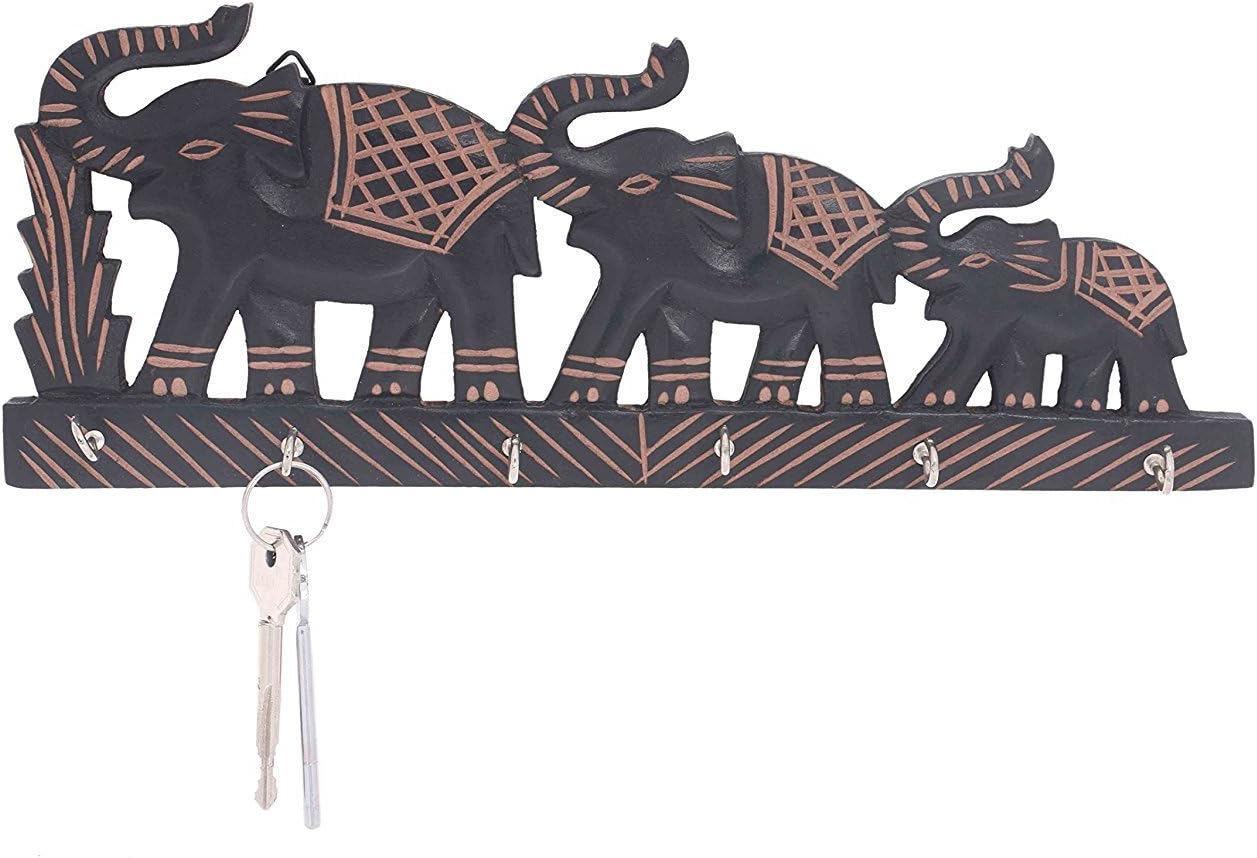 Handcrafted Decorative Three Elephant Wooden Key Holder Key Hanger with 6 Key Hooks Key Organizer for Home & Office 13.5 Inch