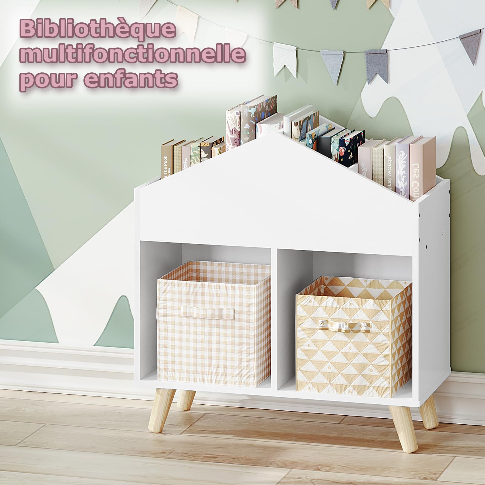 Lestarain Bibliothèque pour Enfants, Montessori, Étagère à Livres/Jouets en MDF pour Enfants, avec 6 Compartiments Ouverts et 4 Pieds en Bois Massif, Blanc, 60x30x64,5cm