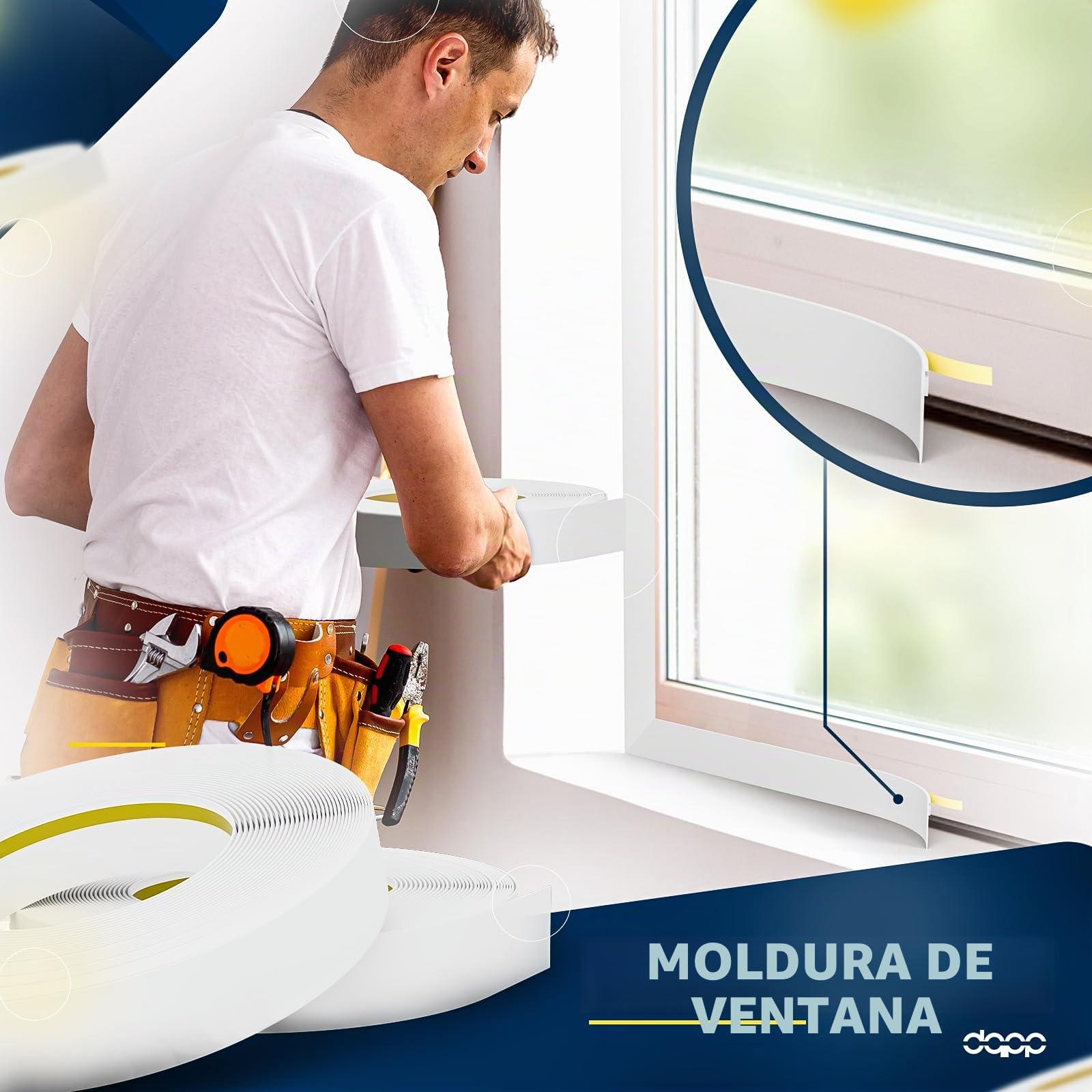 DQ-PP Molduras de Ventanas | Longitud 10m | Anchura 30mm | Grosor 1,5mm | Blanco | autoadhesivo | Interno/Externo | Tira de la cubierta | enmascaramiento
