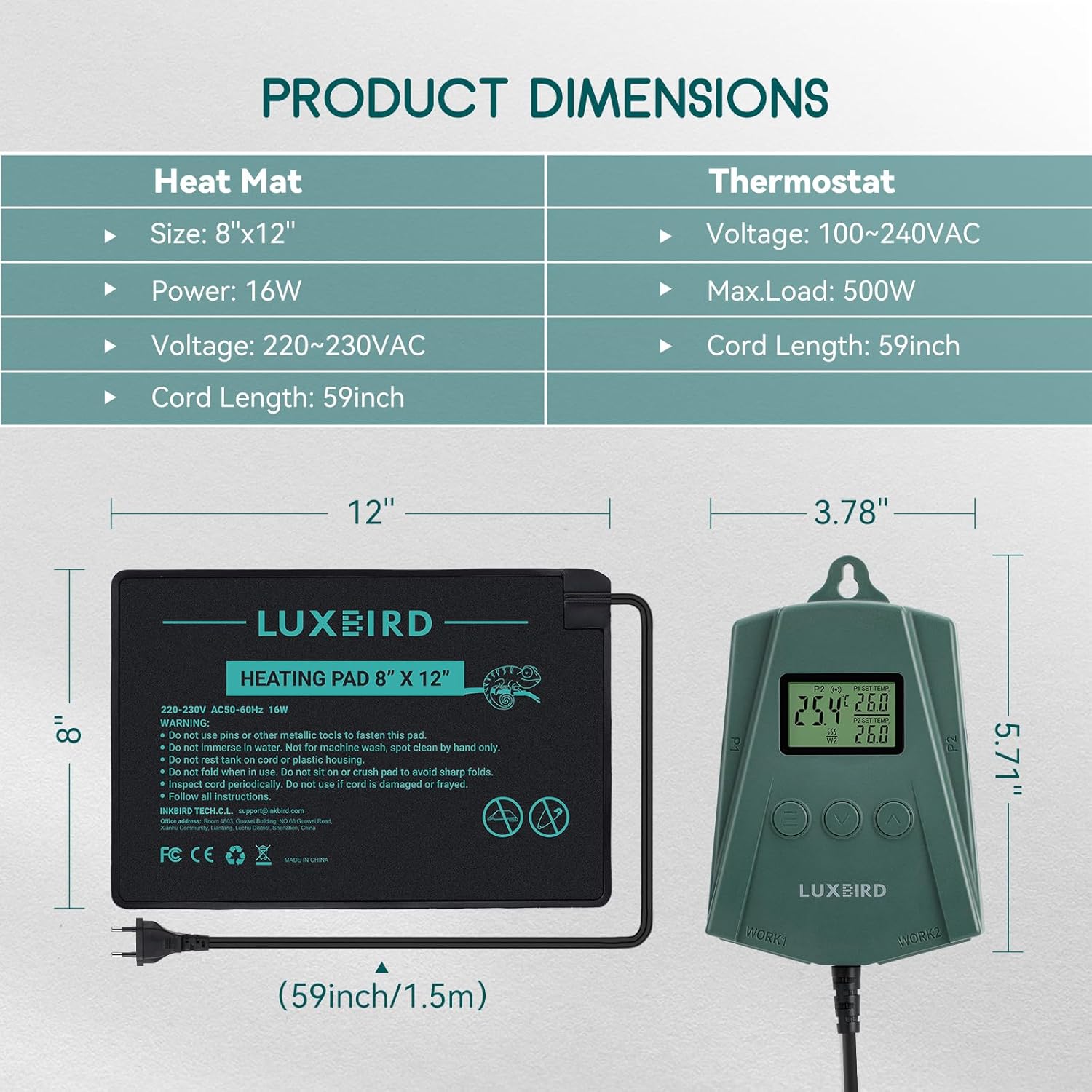 Diagram showing the dimensions of the Luxbird heating pad (8x12 inches) and the thermostat controller (3.78x5.71 inches).