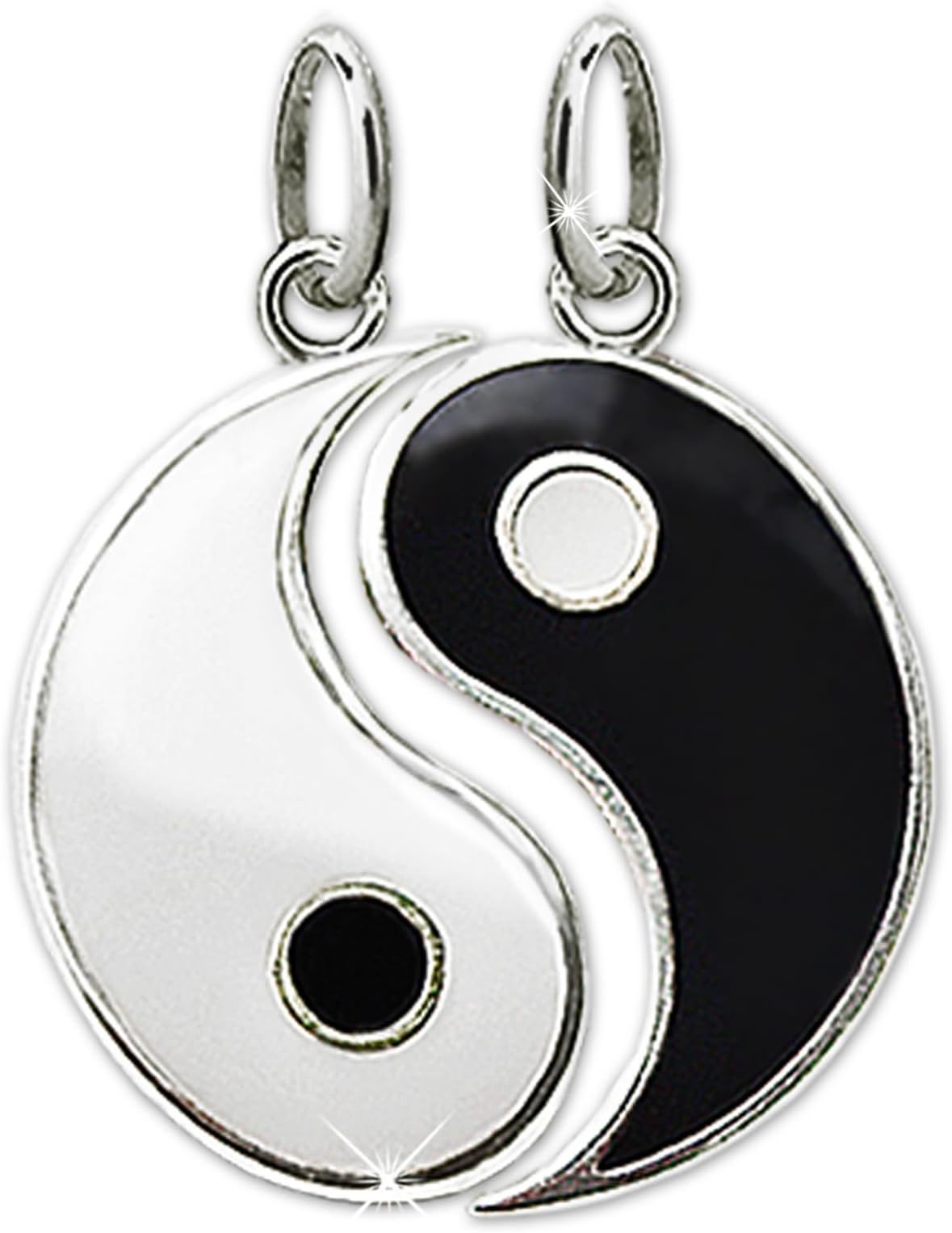 Clever Schmuck 2 silver partner pendants with yin and yang motif, 15 mm in diameter, in black and white, shiny finish, made of 925 sterling silver