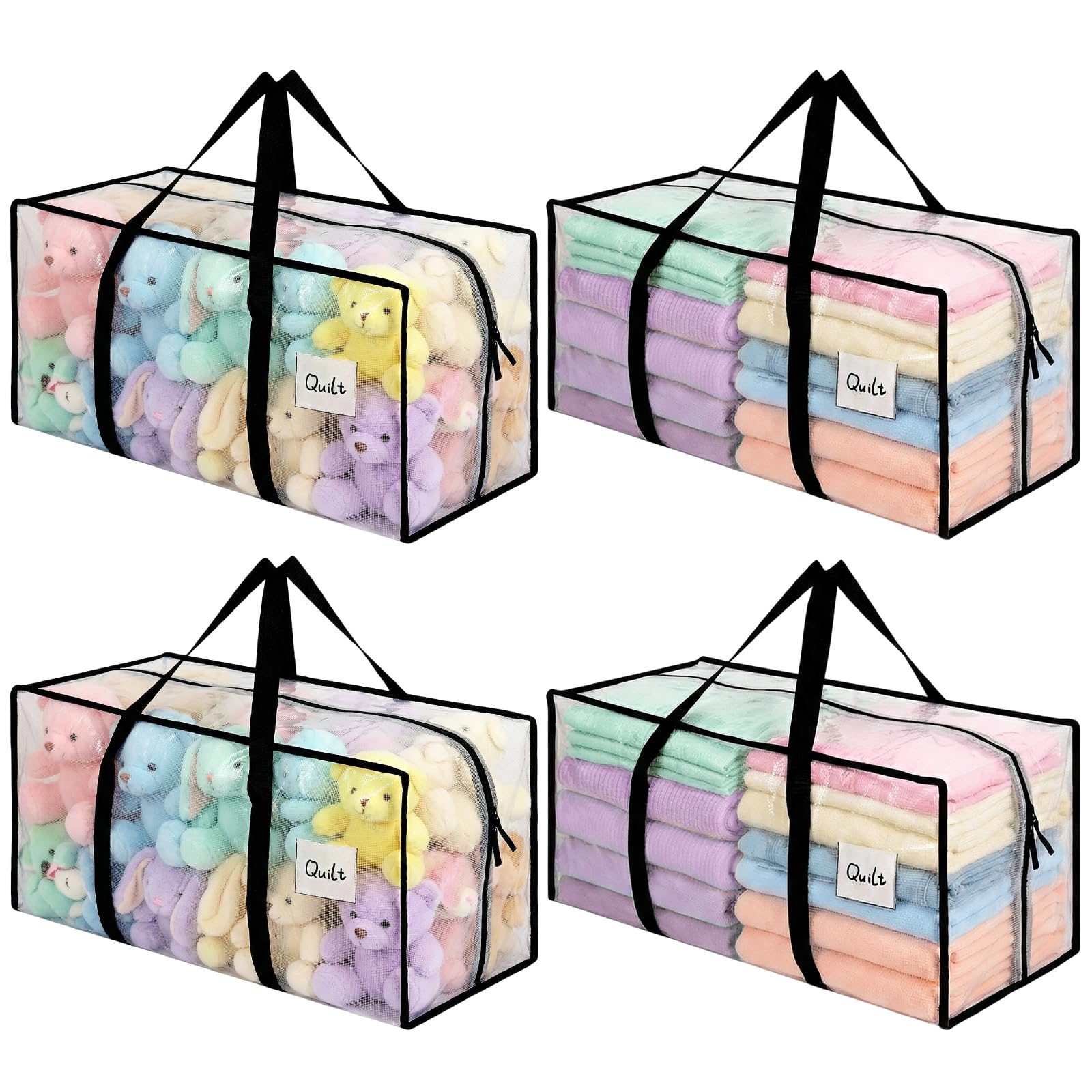 Dntorx 4 Stück 90L Aufbewahrungstasche, Heavy-Duty Weihnachtslager Transparente Umzugskartons Große mit Reißverschluss Griff Faltbar Weihnachtsbaum Tasche für Umzug Bettwäsche Kleidung Aufbewahrung
