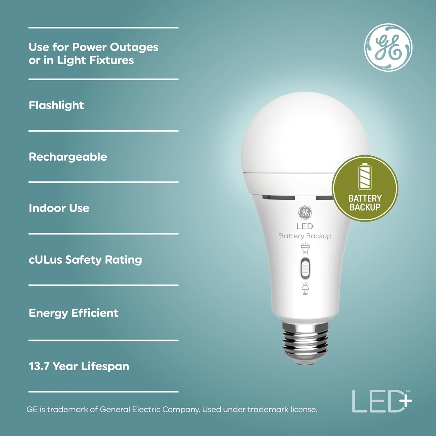 GE Lighting LED+ Backup Battery Light Bulb, Rechargeable, Soft White, Medium Base (1 Pack)
