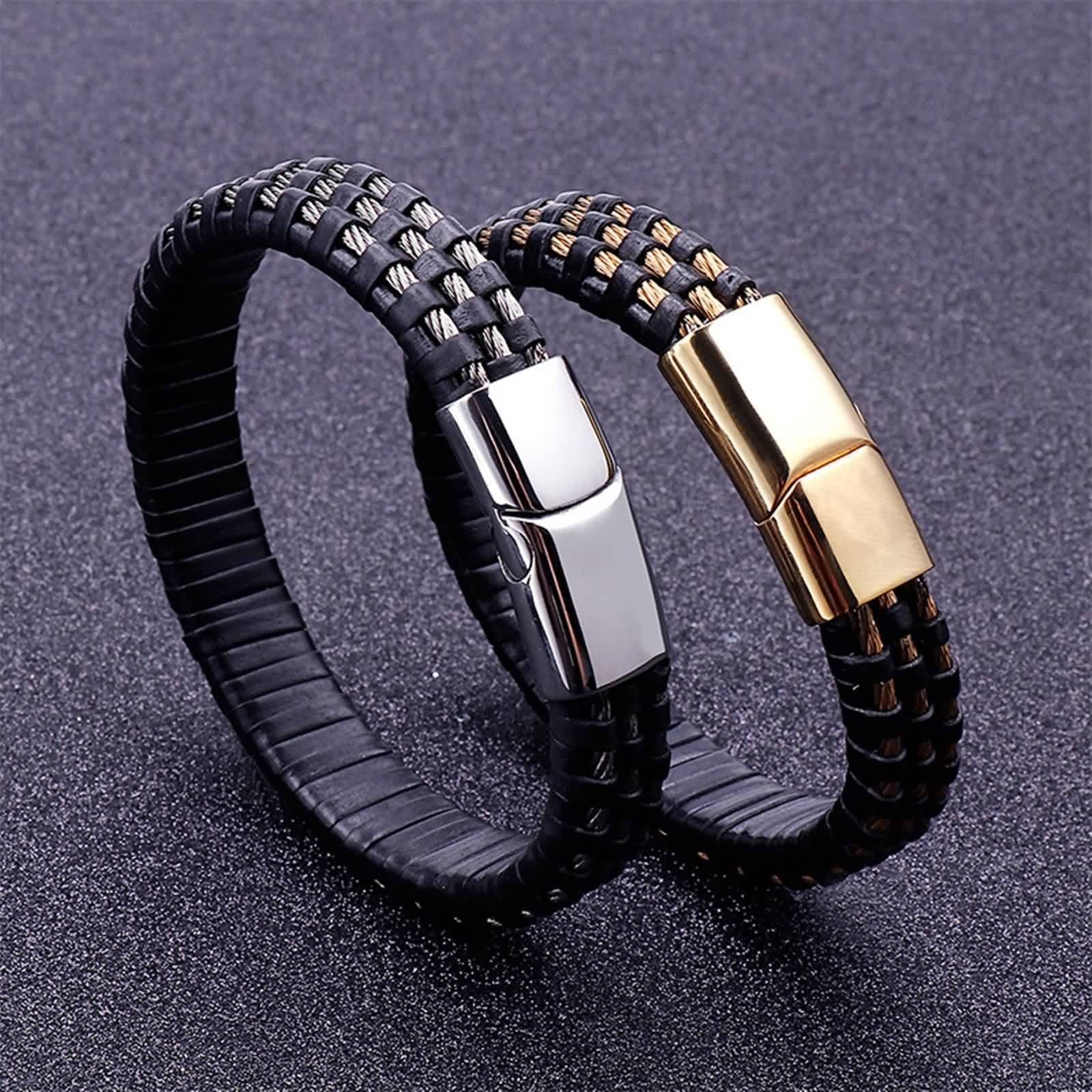 Bracelet en Cuir pour Homme, Bracelet Vintage Homme Acier Inoxydable Tisser Cool Mode Bijoux Cadeau