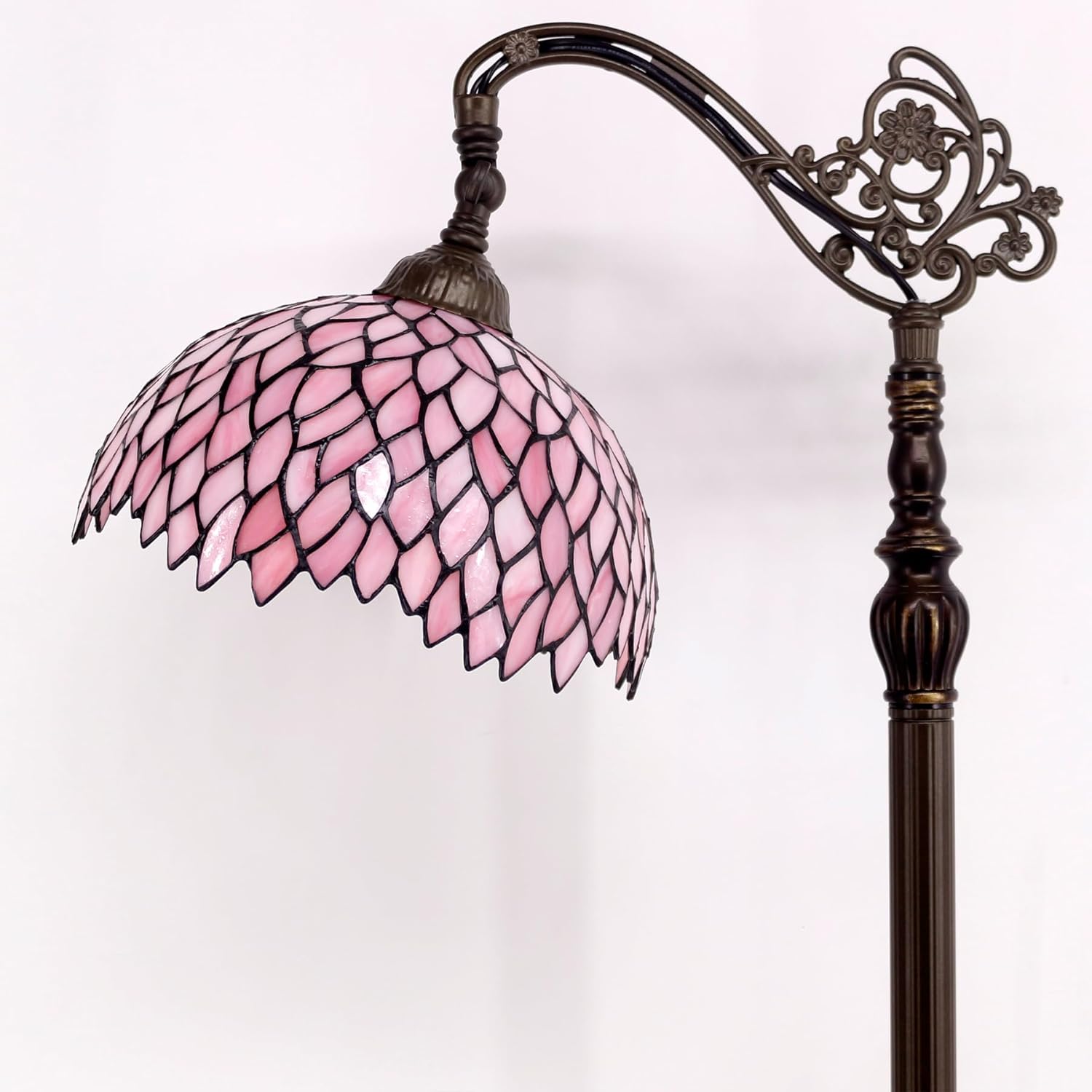 WERFACTORY Tiffany Floor Lamp Pink Stained Glass Wisteria Light 12X18X64 Inches Pole Torchiere Standing Corner Torch Uplight Decor Bedroom Living Room Home Office S523P Series