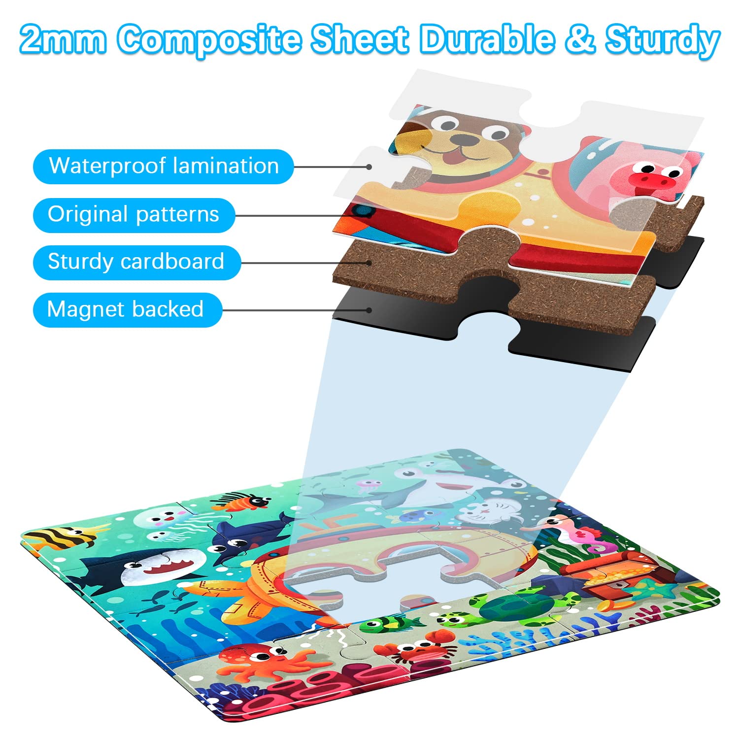 BBLIKE Puzzle Magnetici per Bambini dai 3 Anni in su, Puzzle 3-in-1, Puzzle con Animali in Legno Libro per Bambini, Giochi da Viaggio Giocattoli per Bambini di 3 4 5 Anni Ragazzi e Ragazze(oceano)
