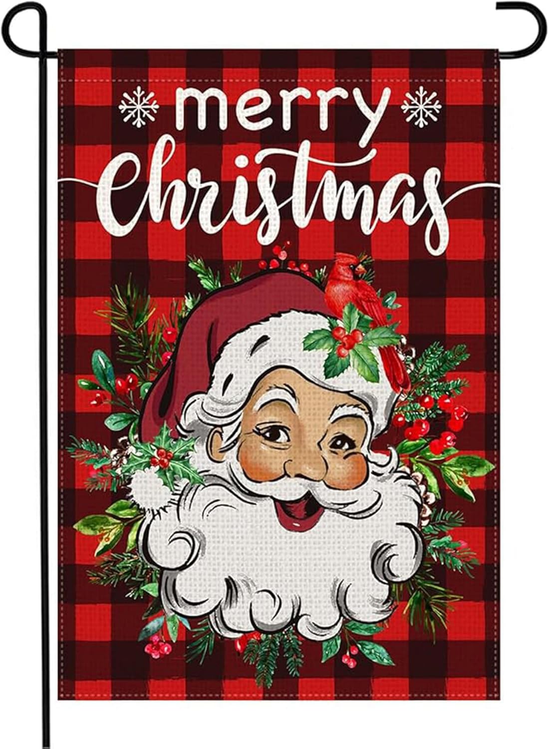 Doncida Merry Christmas Garden Flag 12x18 Inch Double Sided Burlap Santa Claus Red Buffalo Plaid Wreath Small Holiday Winter Xmas Yard Flag for Outside Decoration