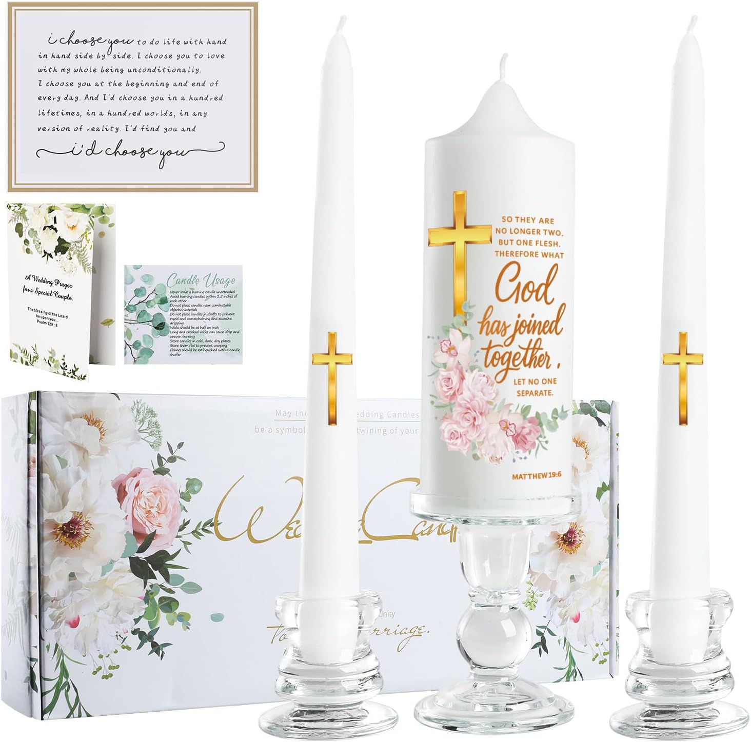 Extrogif Unity Floral Candles with Holder for Wedding Ceremony - Wedding Candles Set with Glass Holders – Elegant Pillar Candles with Gold Cross & Matthew 19:6 Verse for Religious Ceremonys