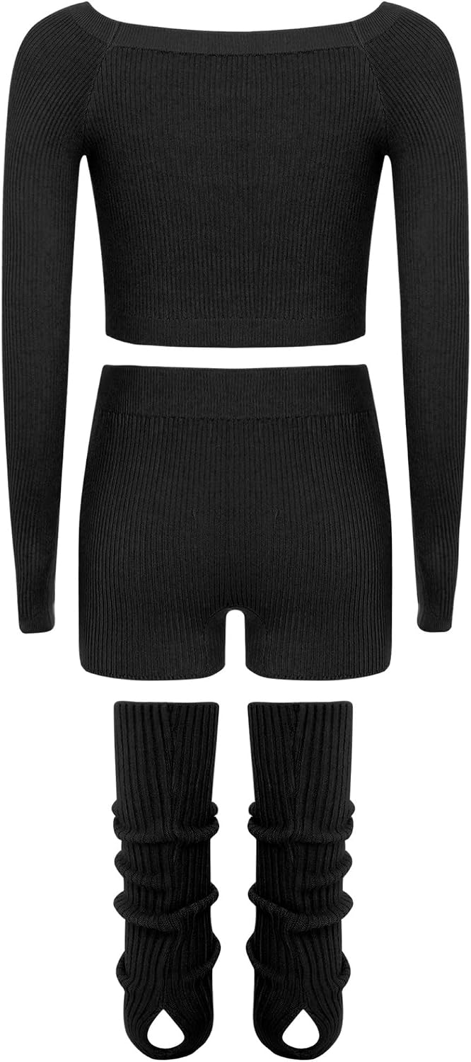 Jhaoyu Kids Girls Ballet Dance Outfits Long Sleeve Knitted Sweater with Shorts and Leg Warmers Set for Dance Training