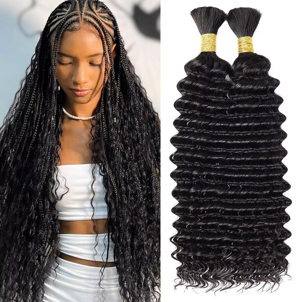 Human Braiding Hair for Boho Braids 100g 20 Inch Natural Black Curly Boho Hair for Braiding Knotless 12A Deep Wave Bulk Bohemian 2 Bundles/Pack Color 1B