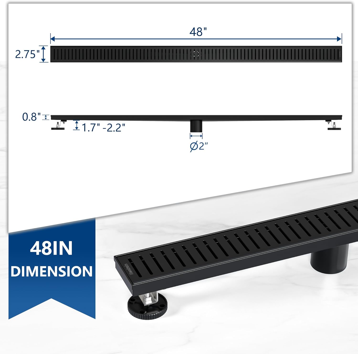 Neodrain Linear Shower Drain with Removable Capsule Pattern Grate, 304 Stainless Steel Rectangle Shower Drain, Linear Drain with Adjustable Leveling Feet, Hair Strainer (Matte Black, 48 ")