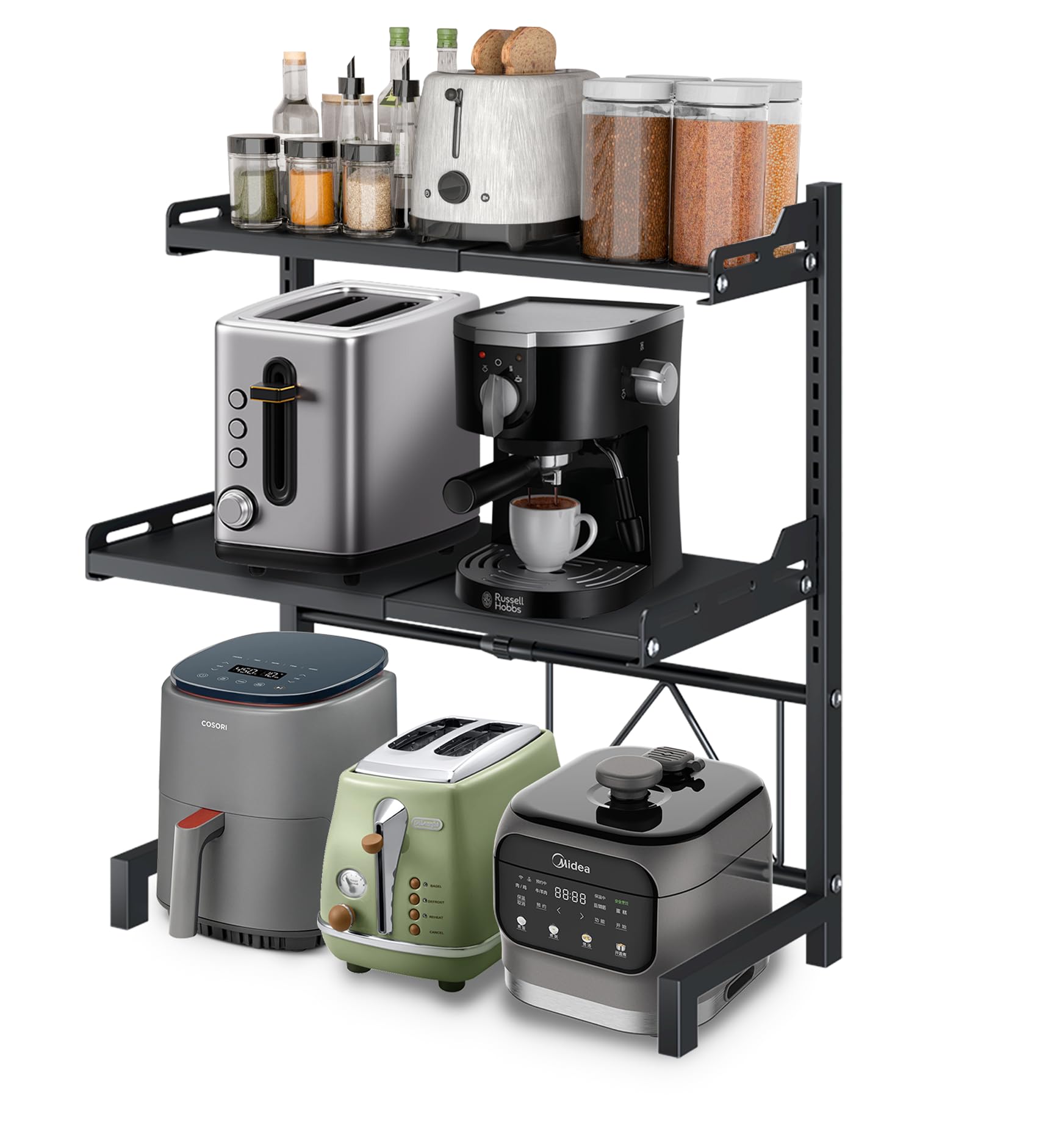 Supporto per forno a microonde, 3 livelli allungabile (14,2 ''-24,4 '') regolabile tramite forno a microonde, scaffale con 8 ganci, cucina a microonde, forno a microonde, supporto a ventosa, nero