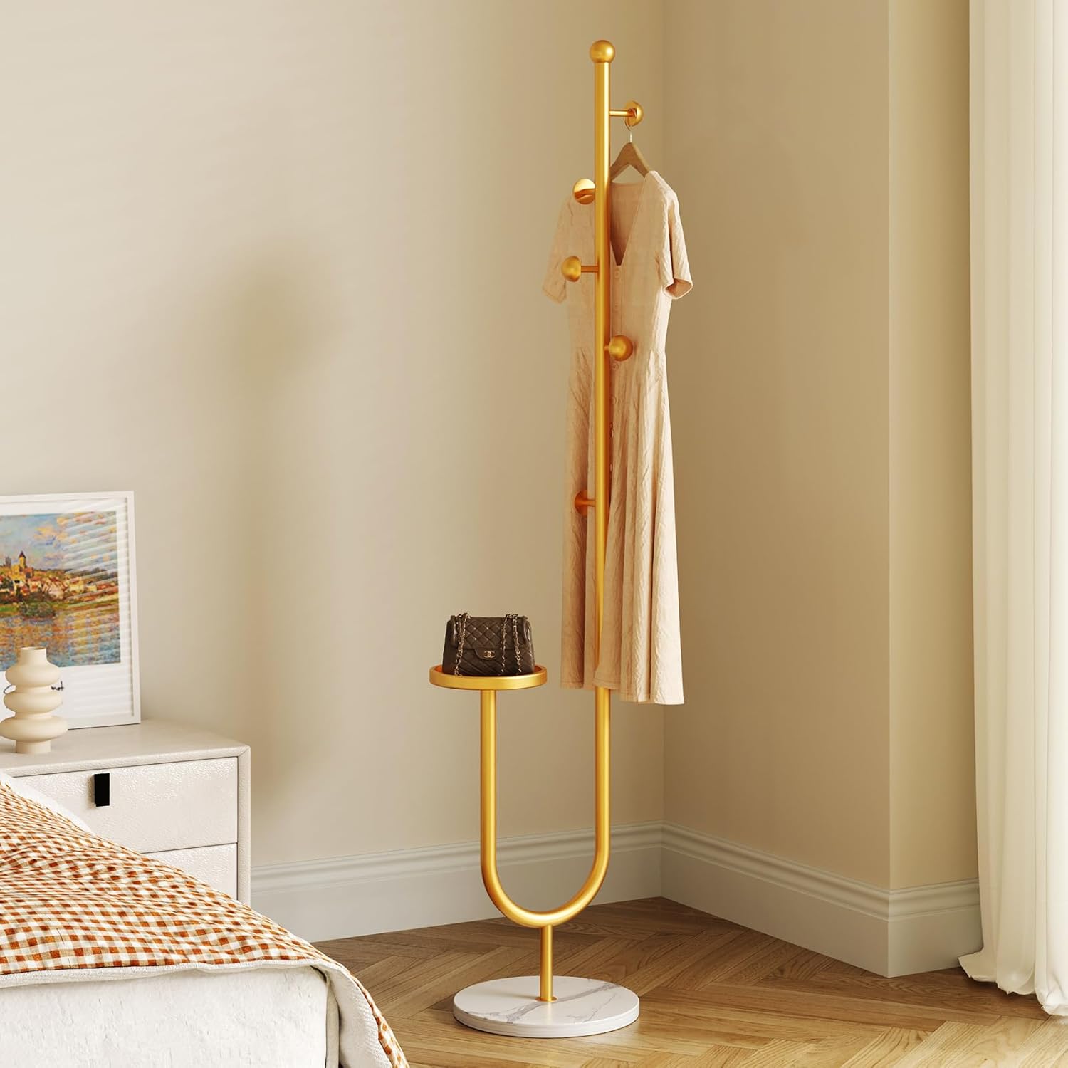 Coat Rack,Metal Free Standing Coat Stand with marble base, Hall Coat Tree with 6 Hooks and Storage Tray,68.9 Inch Tall, for Coats, Hats, Bags, for Entryway, Hallway, Bedroom