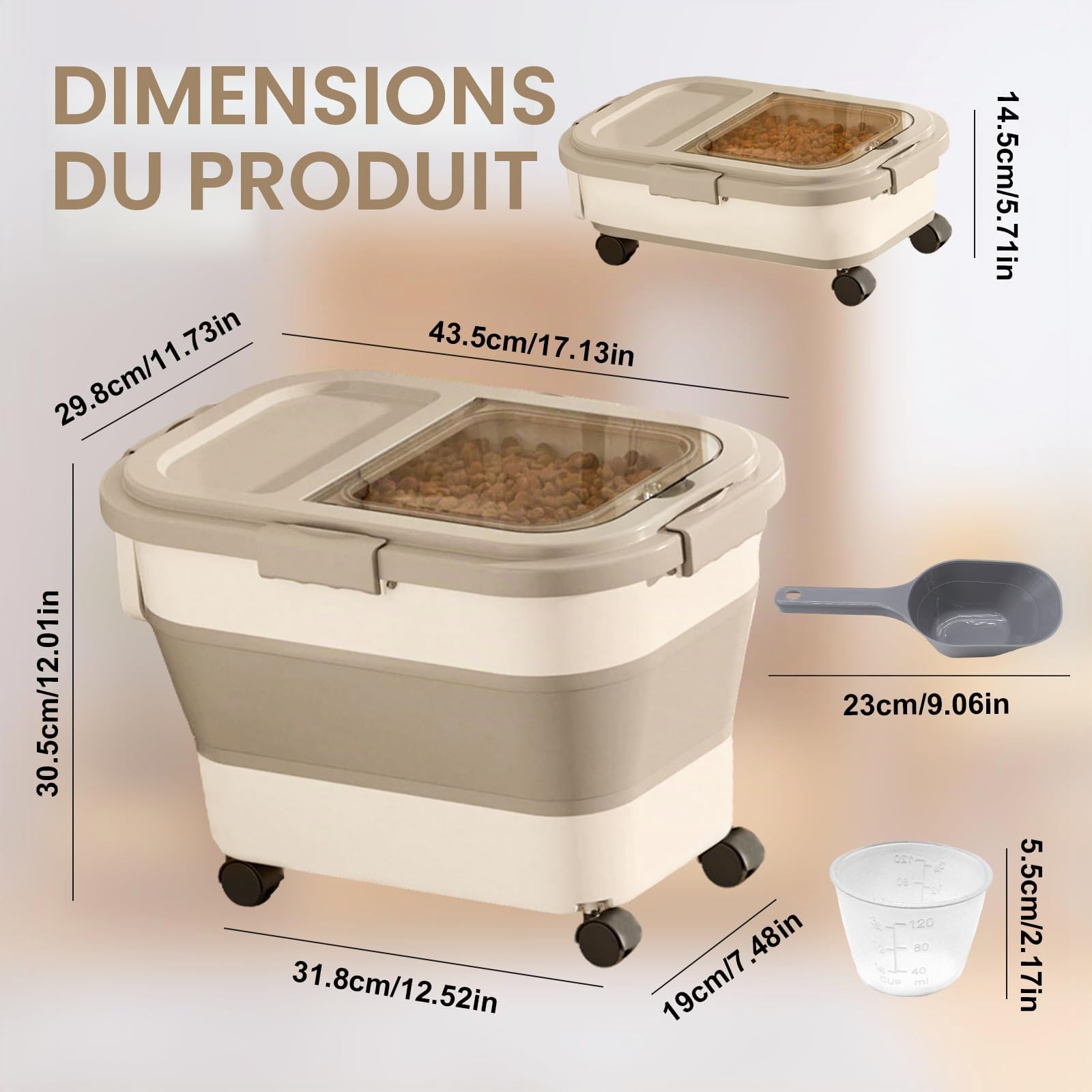 Conteneur à Croquettes pour Chien et Chat, Capacité 7-10 kg, Boîte de Stockage Pliable avec Roues, Cuillère et Tasse à Mesurer, Rangement Aliments Secs, Beige Kaki