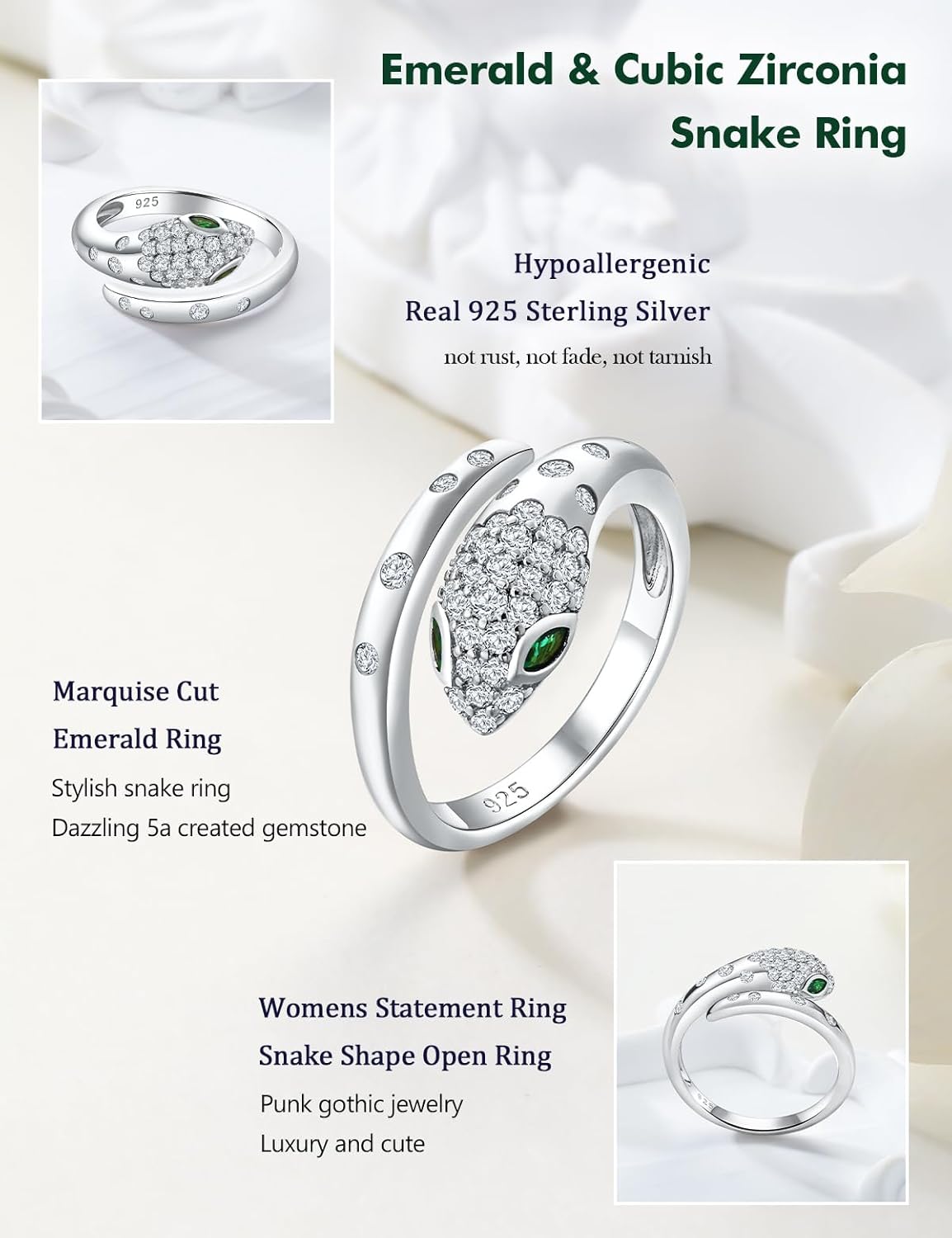 Fashion Snake Rings for Women Sterling Silver/14K Gold Plated Statement Cocktail Ring Punk Jewelry Adjustable Open Emerald CZ Snake Finger Ring Size 6-10 - Image 5