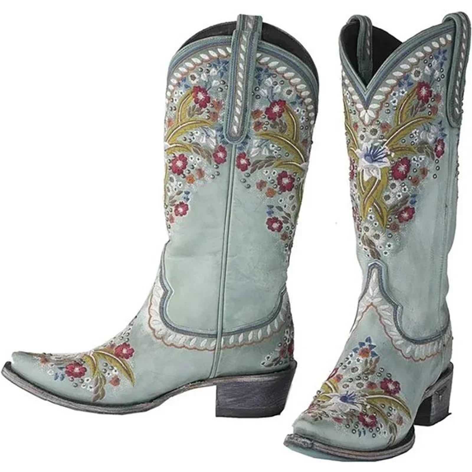 Lmtossey Stivali da donna leggeri al ginocchio con cuciture in pelle PU 3 CM tacchi quadrati retrò punk etnico scarpe