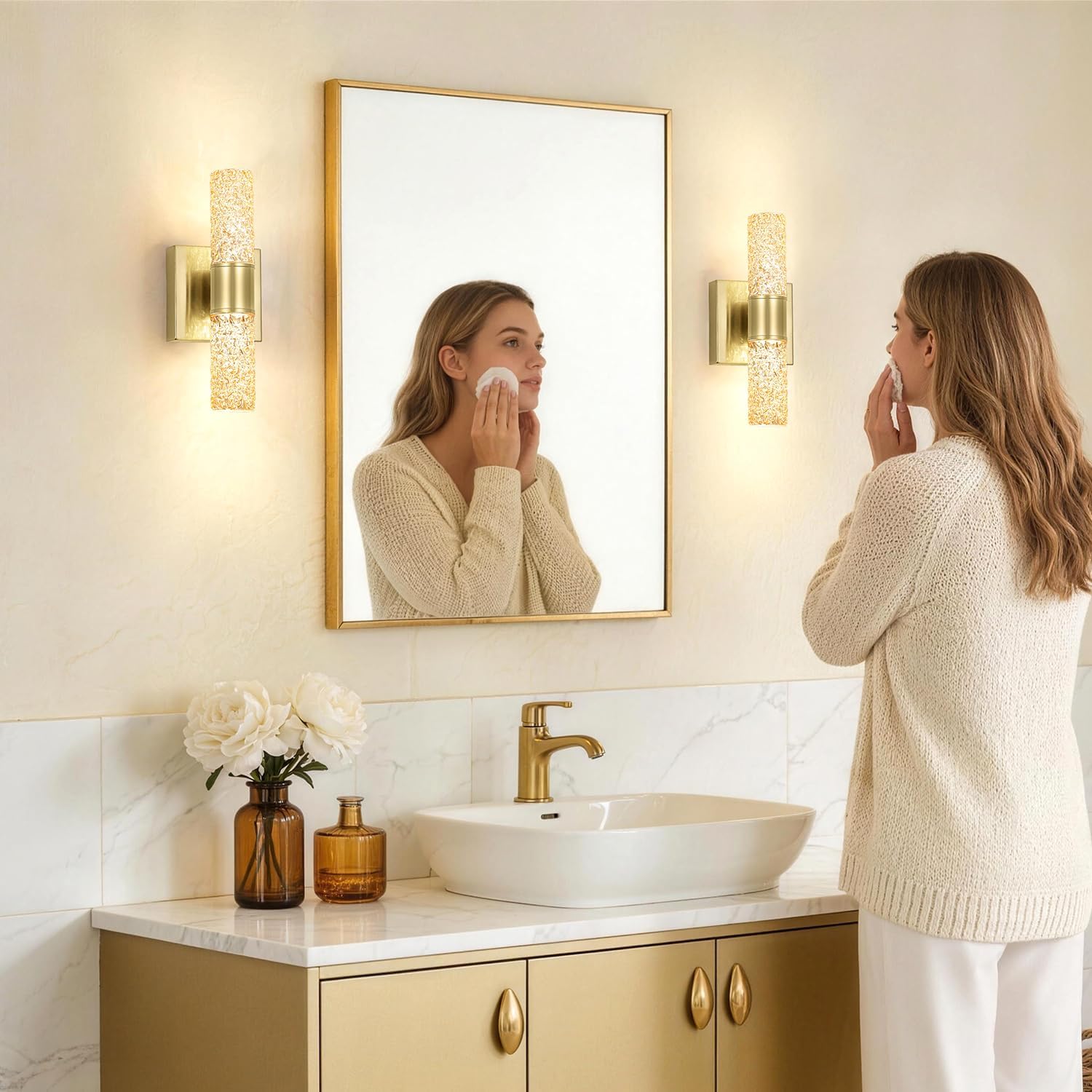 2 Pack Gold LED Wall Sconces, 10W 3000K Warm White Hardwired Wall Mounted Light Fixtures with Amber Crystal Glass, Modern Bathroom Vanity Lights for Mirror Living Room Bedroom Hallway