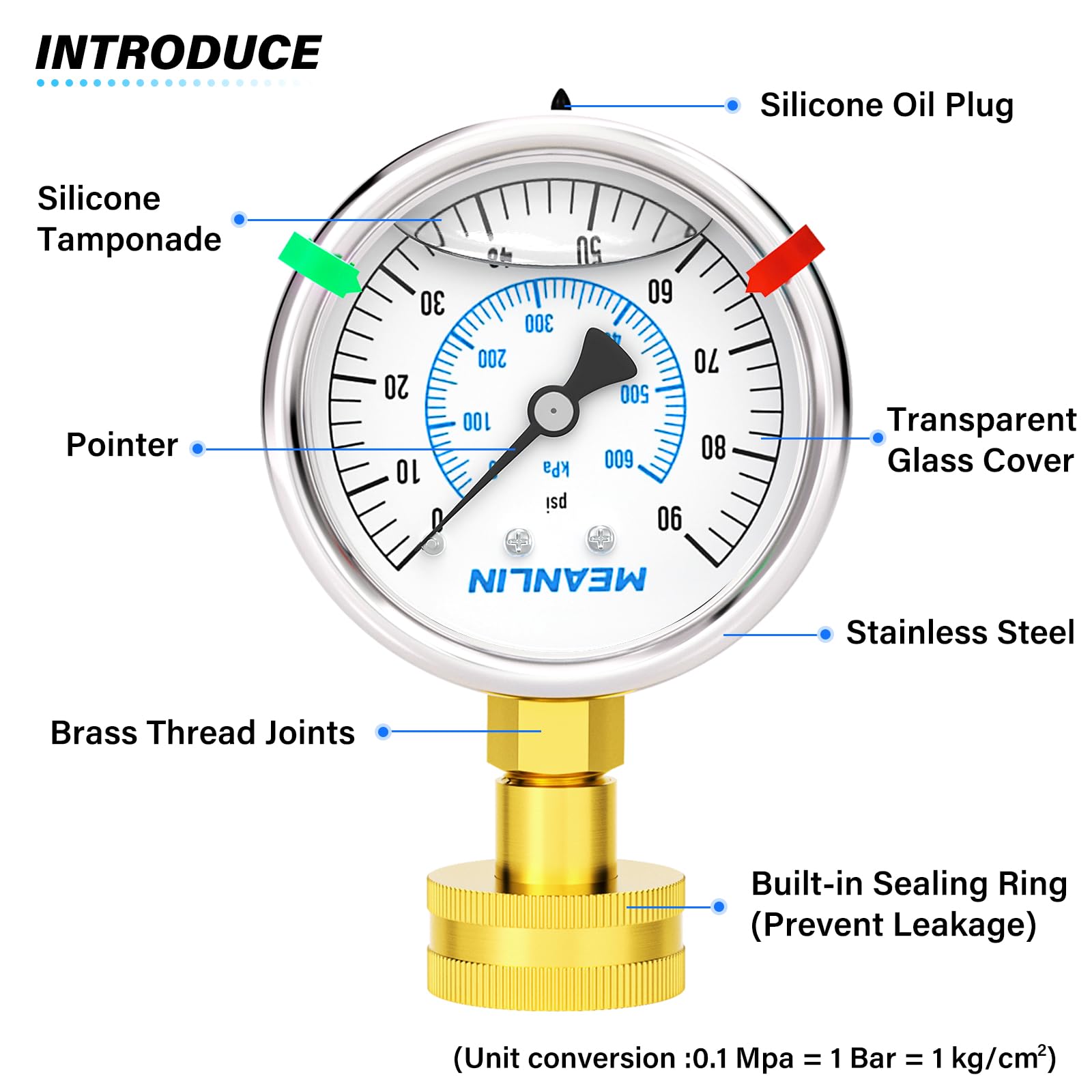 MEANLIN MEASURE 0~600KPa/90PSI Manomètre en acier inoxydable 3/4"femelle 2.5" FACE DIAL pour liquide WOG Water Oil Air Water Pressure Test Table with Sealing Ring (with 2PCS Snaps)