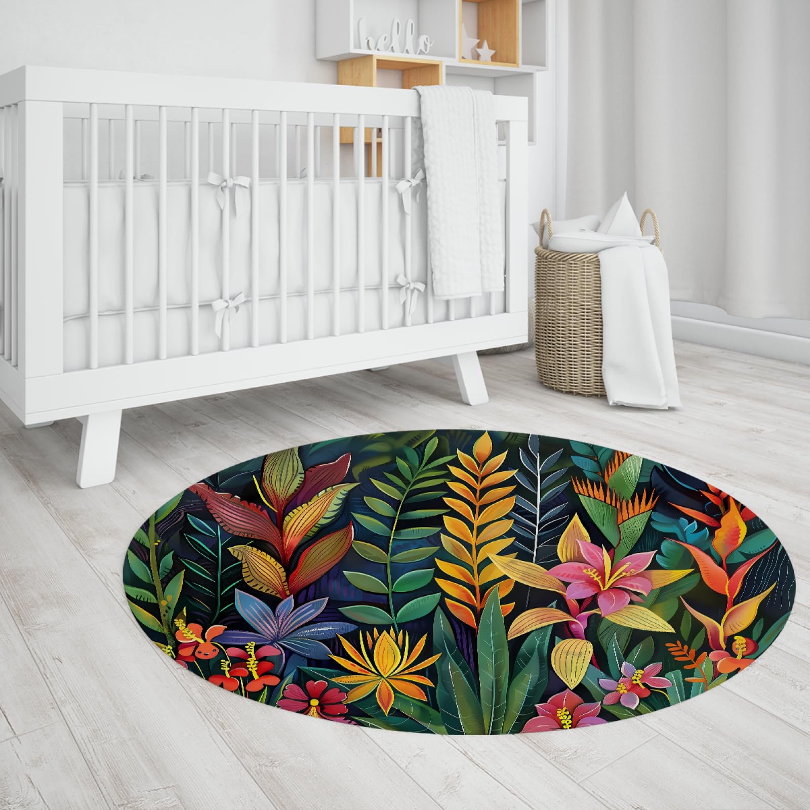 Tapis de pépinière plantes exotiques colorées créant un coin de lecture doux et chaleureux