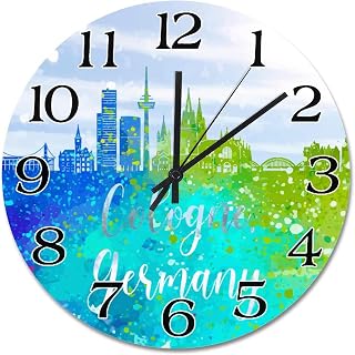Germany Cologne Skyline Silhouette Wall Clock Cologne Cityscape Round Decorative Clocks Battery Operated 15 Inch Time Clock Wall Art Modern Home Decor for Bedroom Living Room Kitchen
