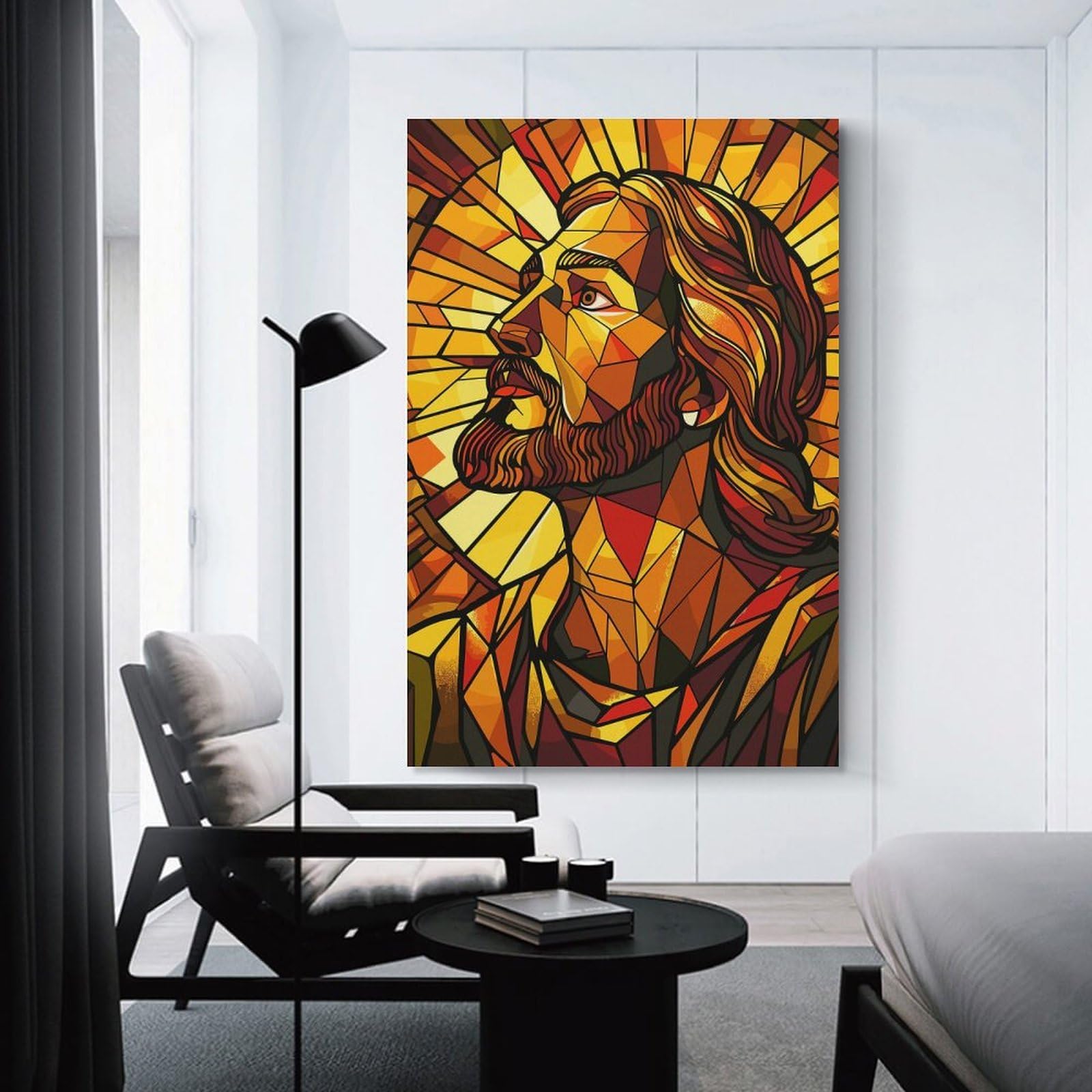 Junmoney Stained Glass Jesus Canvas Wall Art 20x30inch(50x75cm), for Home Lounge, Bedroom Or Reading Nook, Eye Catching Artwork for Blank Walls