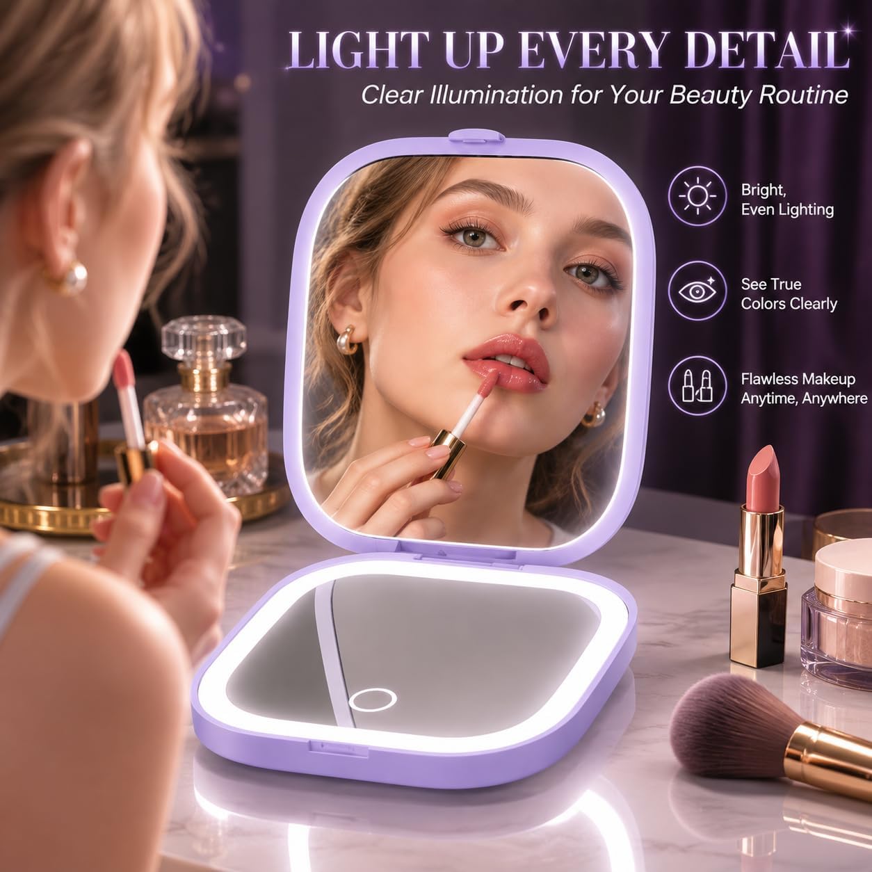 Travel Makeup Mirror, 1X/3X Magnification, 3 Light Modes, Purple