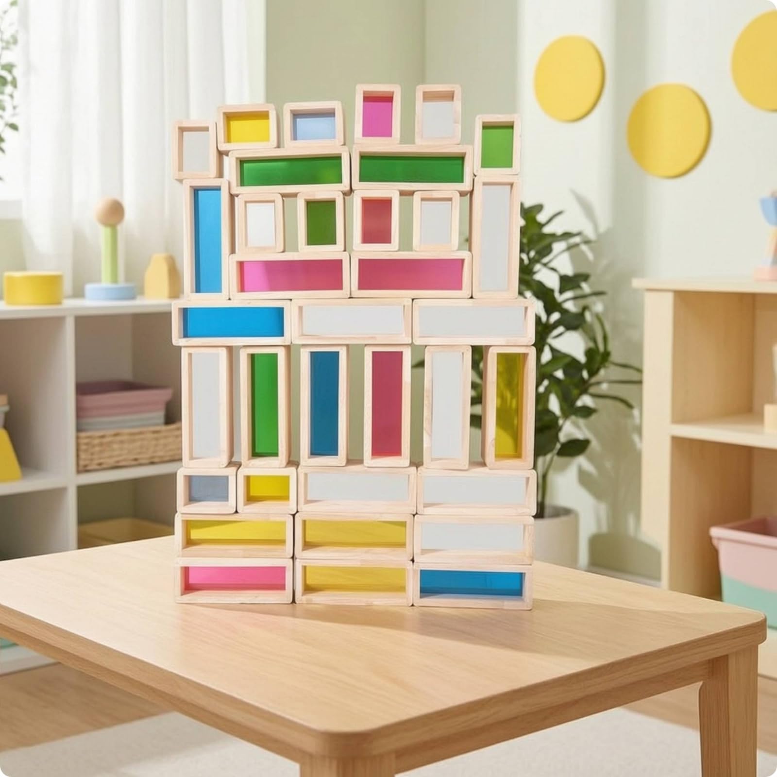36 Stück Kinder Lernbausteine Holzbausteine Steckbausteine Konstruktionsklötze mit Glatter Oberfläche Und Farbwechselnden Acrylfenstern für Räumliches Denken für Unterricht Kita Spielzimmer