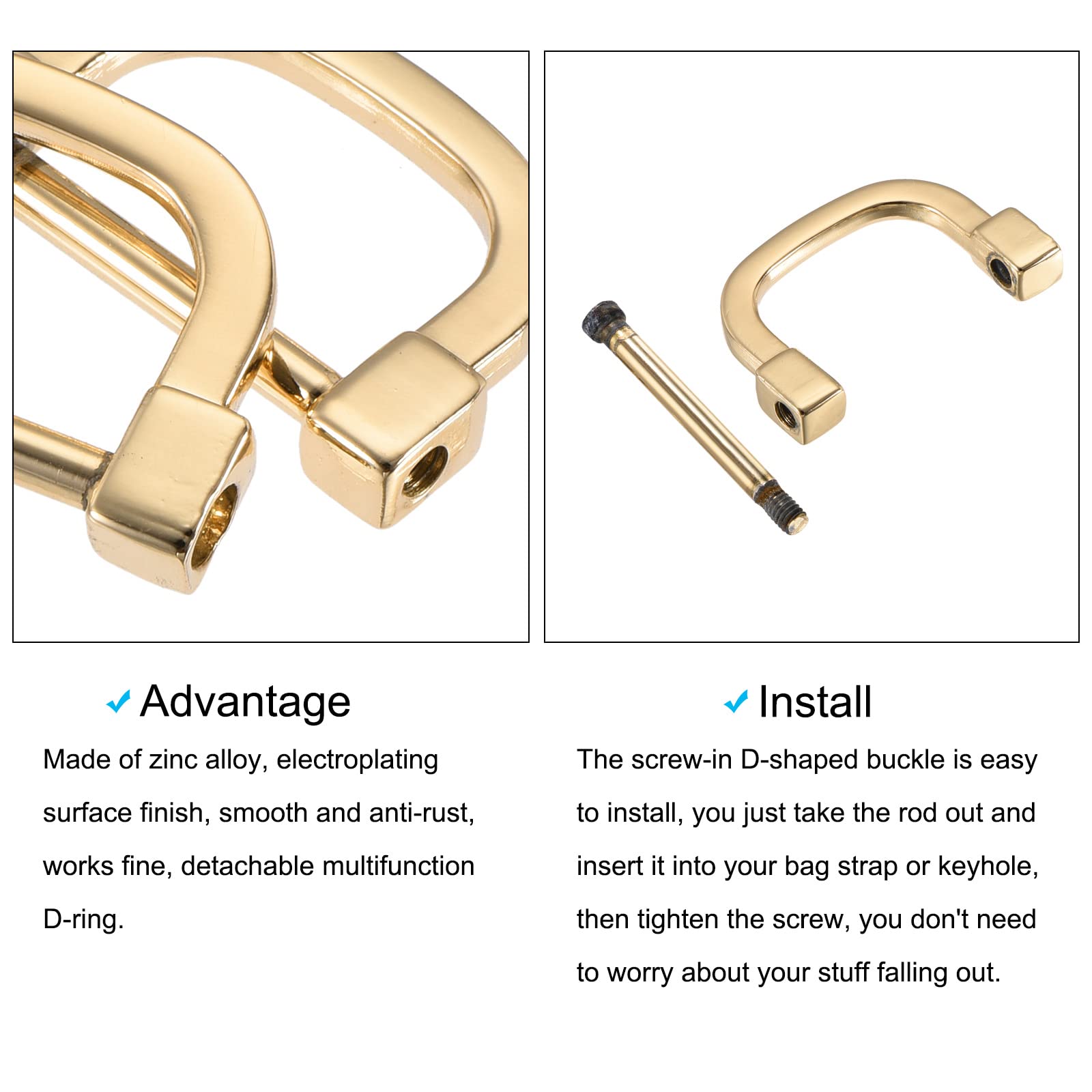 METALLIXITY Horseshoe D-Rings (25mm) 2pcs, Screw-in U-shaped Buckles Shackle - for Car Keys Keychain Bags Leather Crafts Light Gold - Image 4