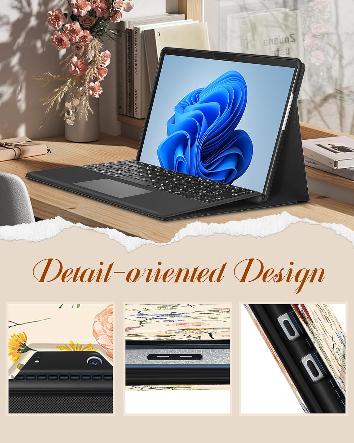 Wazzasoft for Microsoft Surface Pro 9 Case 13 Inch 2022 for Women Cute Girls Folio Cover Flower Floral Luxury Protection Compatible with Type Cover Keyboard for Windows Surface Pro 9 Case 13" Tablet