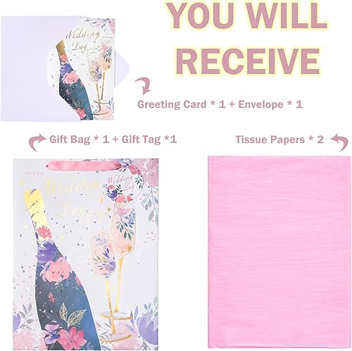 Miniatura 3 de WRAPAHOLIC Bolsa de regalo de boda grande de 13" con tarjeta y papel de seda - Copa de champán y Cheers