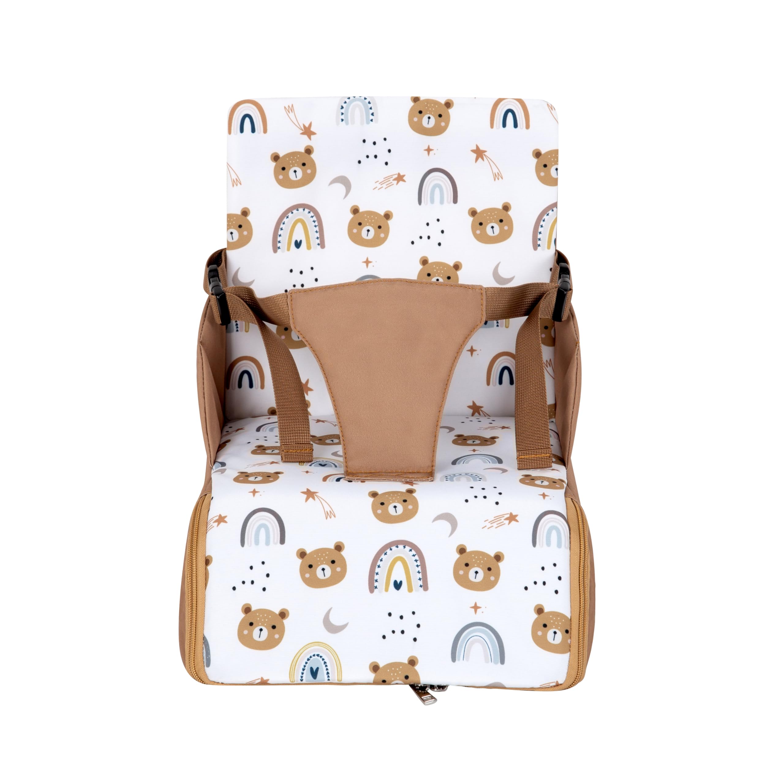 TINÉO - Réhausseur Nomade - Adaptable A Toutes Les Chaises - Ultra Compact - Transportable - Harnais De Sécurité - Rangement Compartimenté Et Fermé dans L'Assise (Camel Ourson)