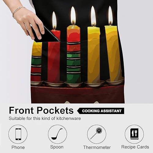 Miniatura 5 de MUSM Kwanzaa Candles ApronClassic Vintage Funny with Pockets Aprons,Adjustable Bib Waterdrop Resistant for Kitchen Cooking Restaurant BBQ Painting