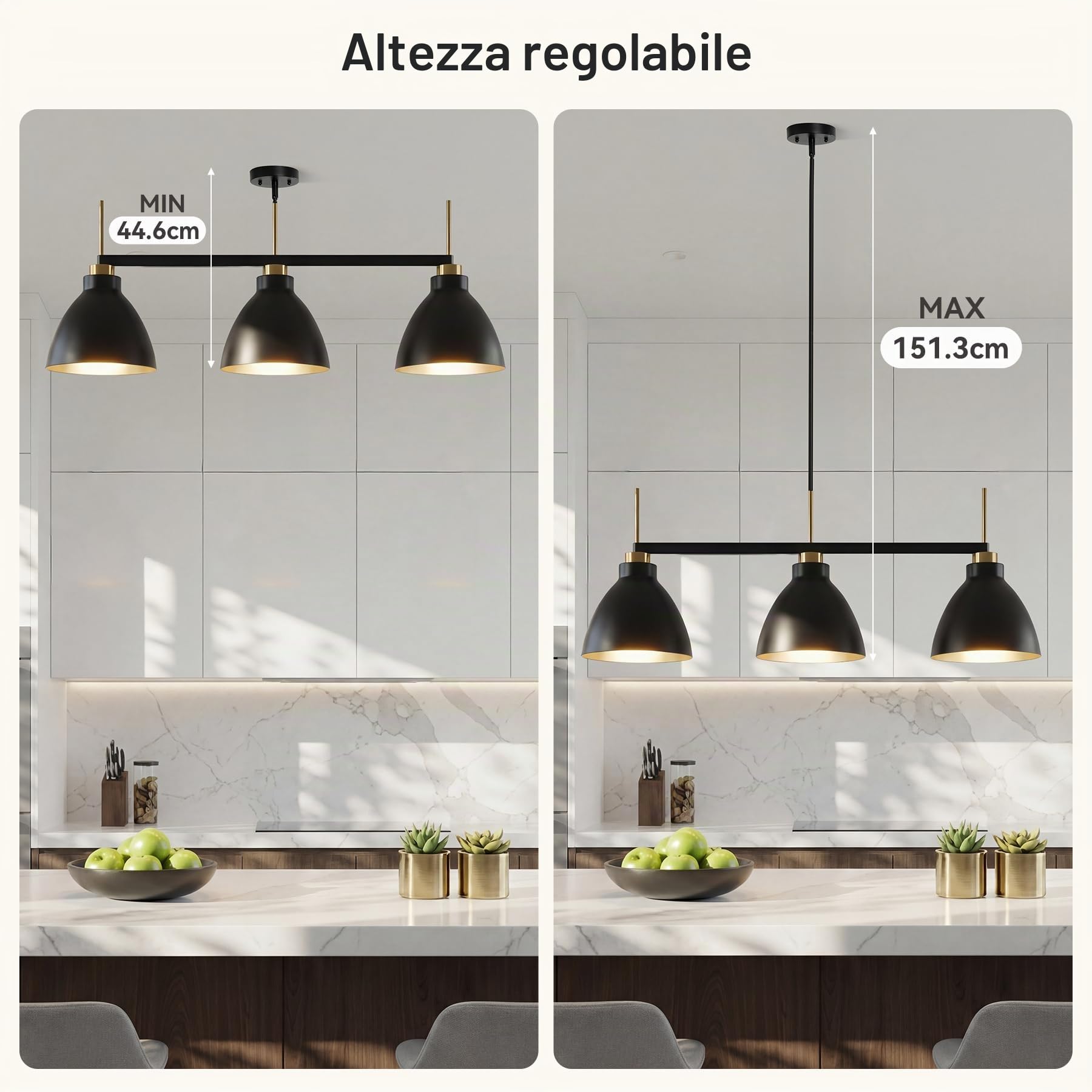 Tribesigns Lampada a sospensione vintage con 3 luci, lampada a sospensione industriale nera e dorata con aste regolabili per sala da pranzo, cucina e soggiorno (attacco E27, lampadina non inclusa)