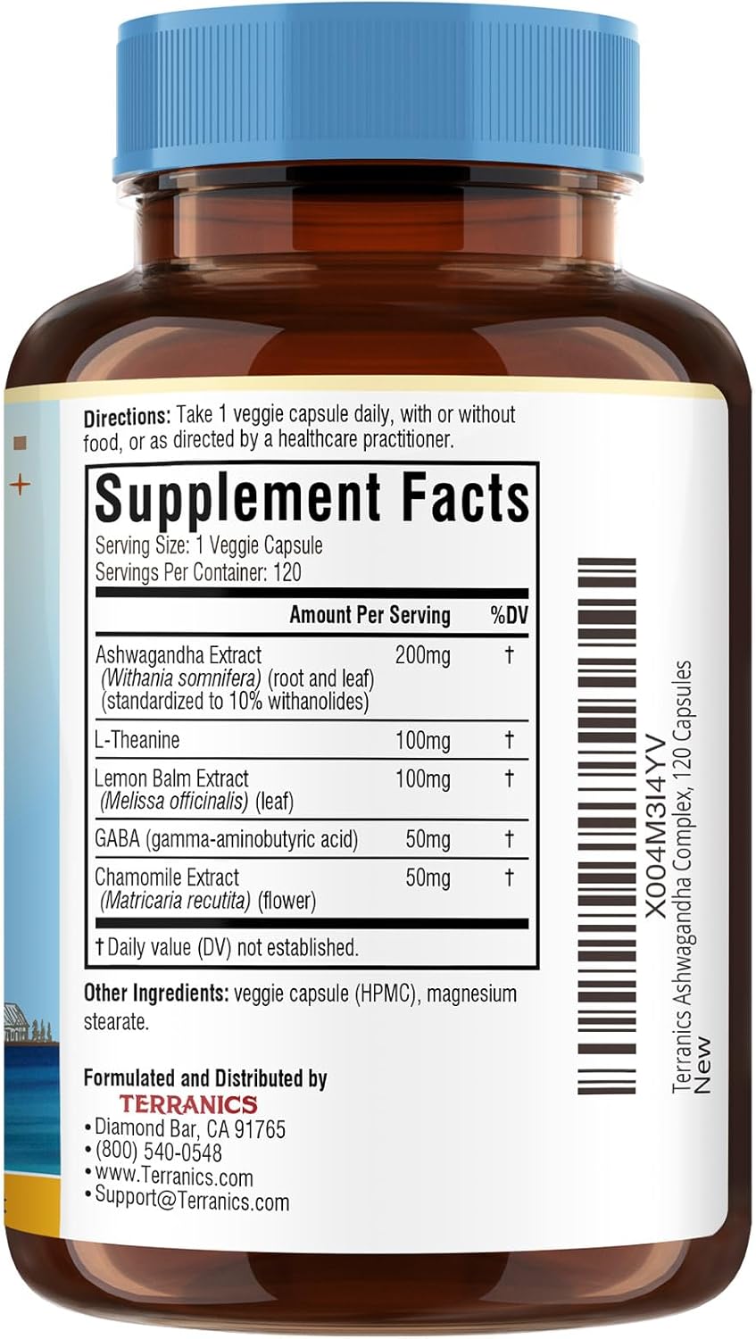 Terranics Ashwagandha L-Theanine Supplement for Stress Relief, Combined with GABA, Lemon Balm, Chamomile Flower Extract, Non-GMO, Stay Calm & Relaxed, Boost Cognitive Function, 120 Vegan Capsules