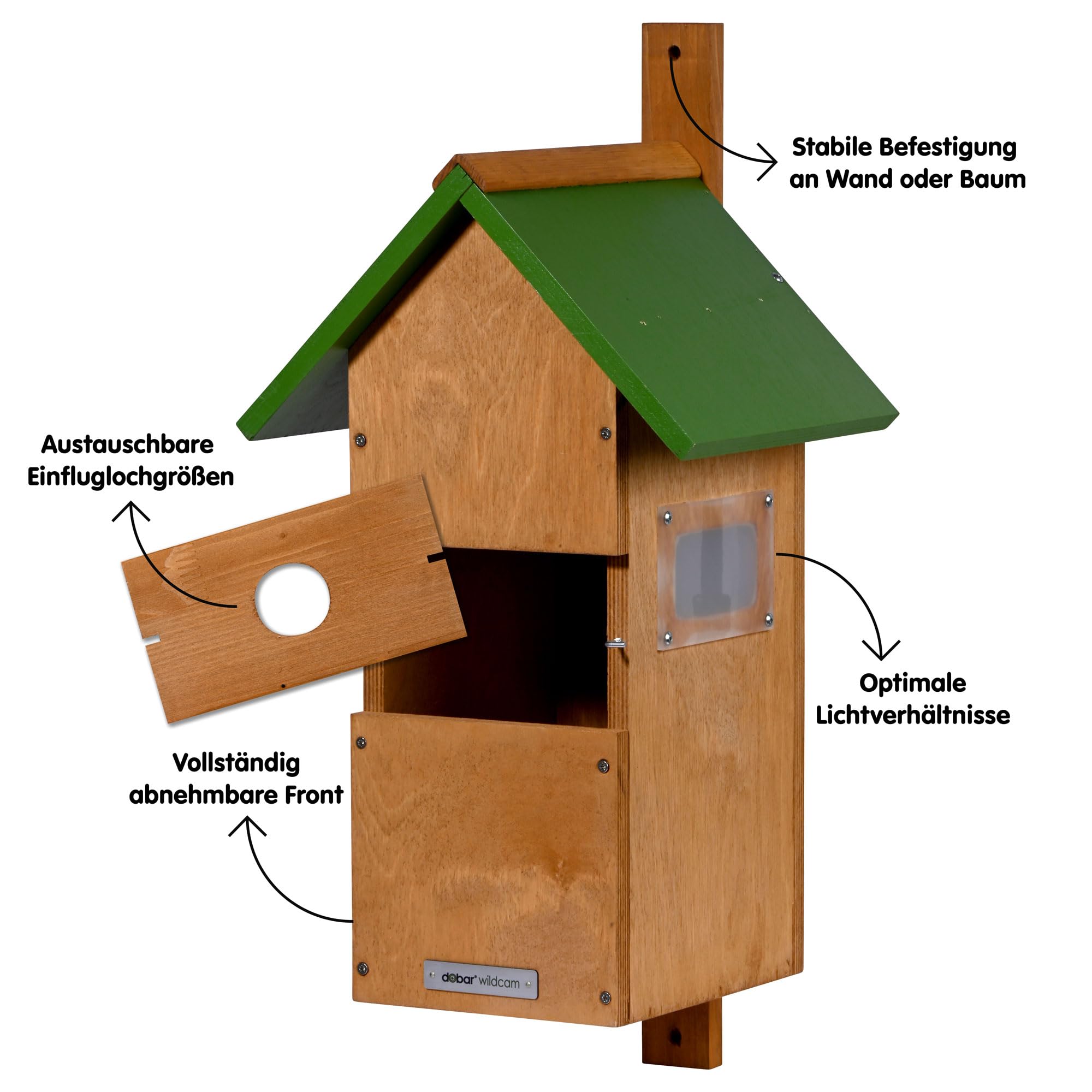 dobar® Großer Nistkasten Spitzdach aus Holz inklusive HD WiFi-Kamera und App mit austauschbaren Einfluglöchern - 25,5 x 22,5 x 53 cm - Grün-Braun
