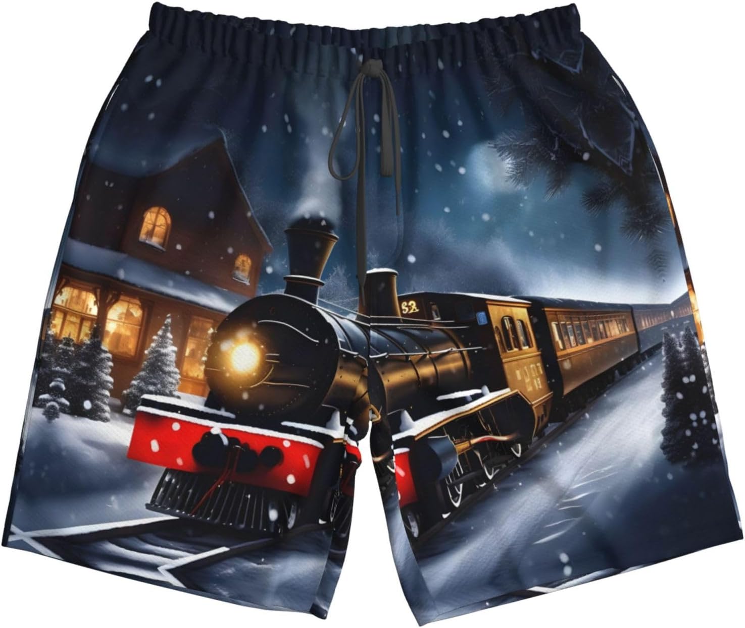 Winter Christmas Snow Night Railway Train Print Men's Quick-Drying Shorts Casual Beach Pants Stretch Waist Shorts and Pockets