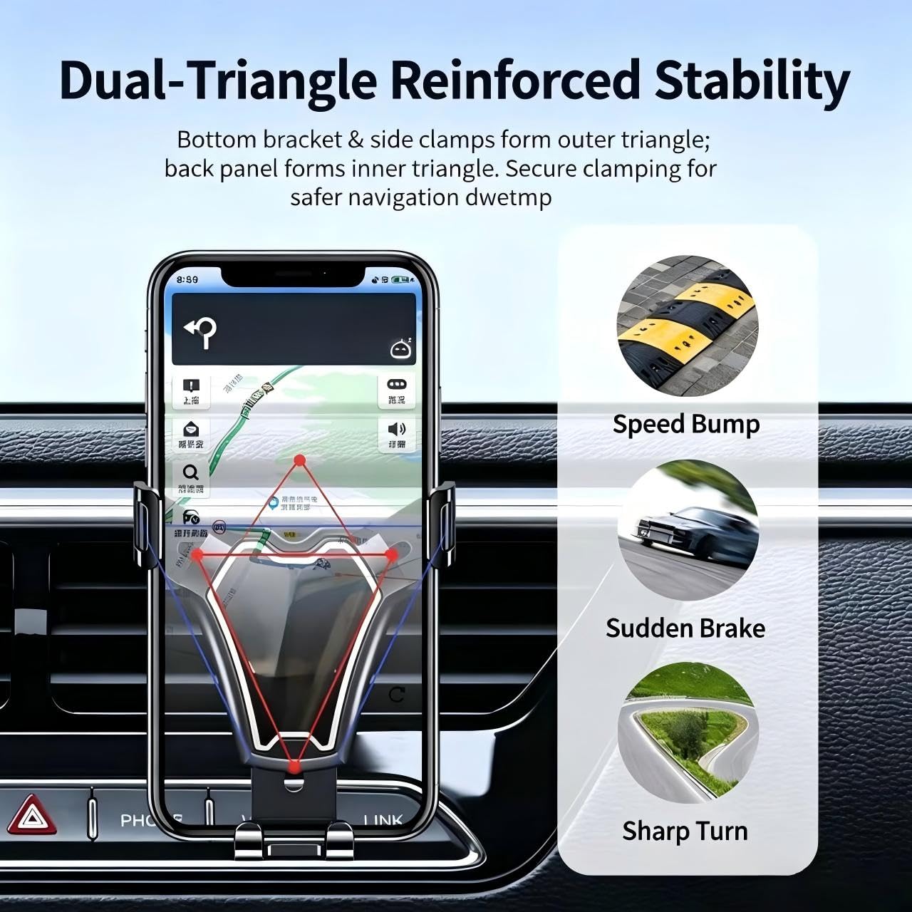 Supporto per telefono da auto a gravità per bocchetta dell'aria, rotazione