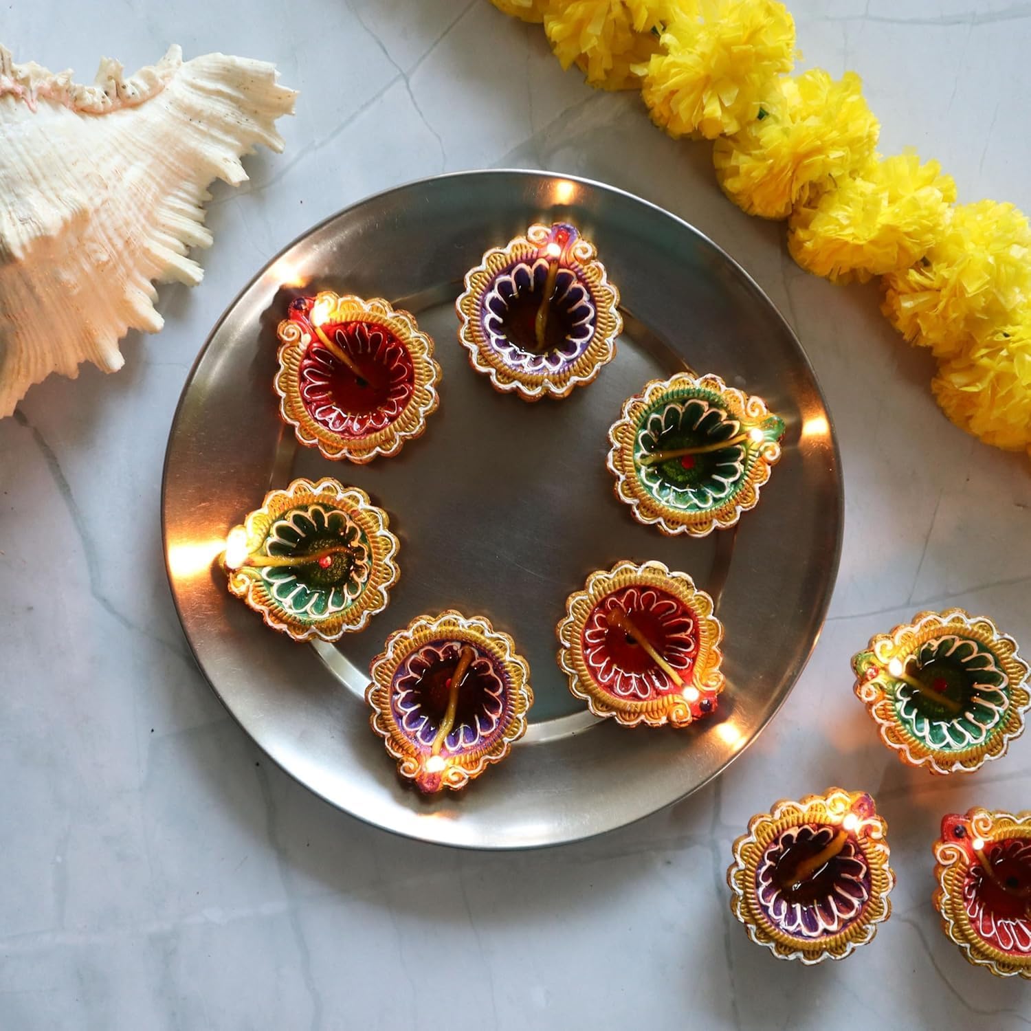 Treeratan Decorative Terracotta Diya Set – 6 Pcs Colorful Medium-Size Clay Oil Lamps for Diwali, Pooja, Festivals & Home Decoration